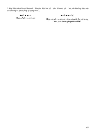 2. Hợp đồng này sẽ được lập thành... bản gốc, Bên bán giữ... bản, Bên mua giữ.... bản, các bản hợp đồng này
có nội dung và giá trị pháp lý ngang nhau./.
BEÂN MUA
(Kyù vaø ghi roõ hoï teân)

BEÂN BAÙN
(Kyù teân, ghi roõ hoï teân, chöùc vuï ngöôøi kyù vaø ñoùng
daáu cuûa doanh nghieäp baùn nhaø)

127

 