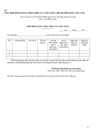 IX.
MẪU HỢP ĐỒNG ĐANG THỰC HIỆN CỦA NHÀ THẦU (HỒ SƠ MỜI THẦU XÂY LẮP)
Theo Thông tư số 01/2010/TT-BKH ngày 06-01-2010 Quy định chi tiết lập
Hồ sơ mời thầu xây lắp

HỢP ĐỒNG ĐANG THỰC HIỆN CỦA NHÀ THẦU
_____, ngày ____ tháng ____ năm ____
Tên nhà thầu: ______________________________ [Ghi tên đầy đủ của nhà thầu]
STT

Tên hợp đồng

Tên dự án

Tên chủ
đầu tư

Giá hợp
đồng (hoặc
giá trị
được giao
thực hiện)

Giá trị
phần công
việc chưa
hoàn thành

Ngày hợp
đồng có
hiệu lực

Ngày kết
thúc hợp
đồng

1
2
…
Nhà thầu phải gửi kèm theo bản chụp các văn bản, tài liệu liên quan đến các hợp đồng đó (xác nhận của
chủ đầu tư về hợp đồng đang thực hiện theo các nội dung liên quan trong bảng trên…)
Ñái dieôn hôïp phaùp cụa nhaø thaău
[Ghi teđn, chöùc danh, kyù teđn vaø ñoùng daâu]
Ghi chú: Trong trường hợp liên danh, từng thành viên trong liên danh kê khai theo Mẫu này.

51

 