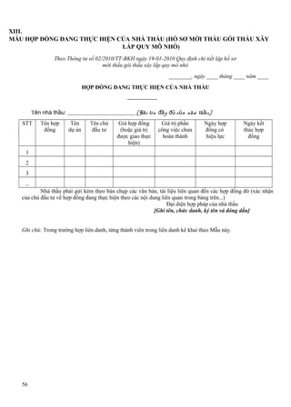 XIII.
MẪU HỢP ĐỒNG ĐANG THỰC HIỆN CỦA NHÀ THẦU (HỒ SƠ MỜI THẦU GÓI THẦU XÂY
LẮP QUY MÔ NHỎ)
Theo Thông tư số 02/2010/TT-BKH ngày 19-01-2010 Quy định chi tiết lập hồ sơ
mời thầu gói thầu xây lắp quy mô nhỏ
________, ngày ____ tháng ____ năm ____
HỢP ĐỒNG ĐANG THỰC HIỆN CỦA NHÀ THẦU

Tên nhà thầu: ________________________ [Ghi tên đầy đủ c ủ a nhà thầu]
STT

Tên hợp
đồng

Tên
dự án

Tên chủ
đầu tư

Giá hợp đồng
(hoặc giá trị
được giao thực
hiện)

Giá trị phần
công việc chưa
hoàn thành

Ngày hợp
đồng có
hiệu lực

Ngày kết
thúc hợp
đồng

1
2
3
...
Nhà thầu phải gửi kèm theo bản chụp các văn bản, tài liệu liên quan đến các hợp đồng đó (xác nhận
của chủ đầu tư về hợp đồng đang thực hiện theo các nội dung liên quan trong bảng trên...)
Đại diện hợp pháp của nhà thầu
[Ghi tên, chức danh, ký tên và đóng dấu]
Ghi chú: Trong trường hợp liên danh, từng thành viên trong liên danh kê khai theo Mẫu này.

56

 
