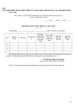 XIX.
MẪU HỢP ĐỒNG ĐANG THỰC HIỆN CỦA NHÀ THẦU (HỒ SƠ YÊU CẦU CHỈ ĐỊNH THẦU
XÂY LẮP)
Theo Thông tư số 04/2010/TT-BKH ngày 01-02-2010 Quy định chi tiết lập hồ sơ
yêu cầu chỉ định thầu xây lắp
_____, ngày ____ tháng ____ năm _______

HỢP ĐỒNG ĐANG THỰC HIỆN CỦA NHÀ THẦU
Tên nhà thầu: _______________________________________[Ghi tên đầy đủ của nhà thầu]

STT

Tên hợp
đồng

Tên dự án

Tên chủ đầu
tư

Giá hợp
đồng (hoặc
giá trị được
giao thực
hiện)

Giá trị phần
công việc
chưa hoàn
thành

Ngày hợp
đồng có
hiệu lực

Ngày kết
thúc hợp
đồng

1
2
3
…
Nhà thầu phải gửi kèm theo bản chụp các văn bản, tài liệu liên quan đến các hợp đồng đó (xác nhận của
chủ đầu tư về hợp đồng đang thực hiện theo các nội dung liên quan trong bảng trên …).
Đại diện hợp pháp của nhà thầu
[Ghi tên, chức danh, ký tên và đóng dấu]
Ghi chú: Trong trường hợp liên danh, từng thành viên trong liên danh kê khai theo Mẫu này.

65

 