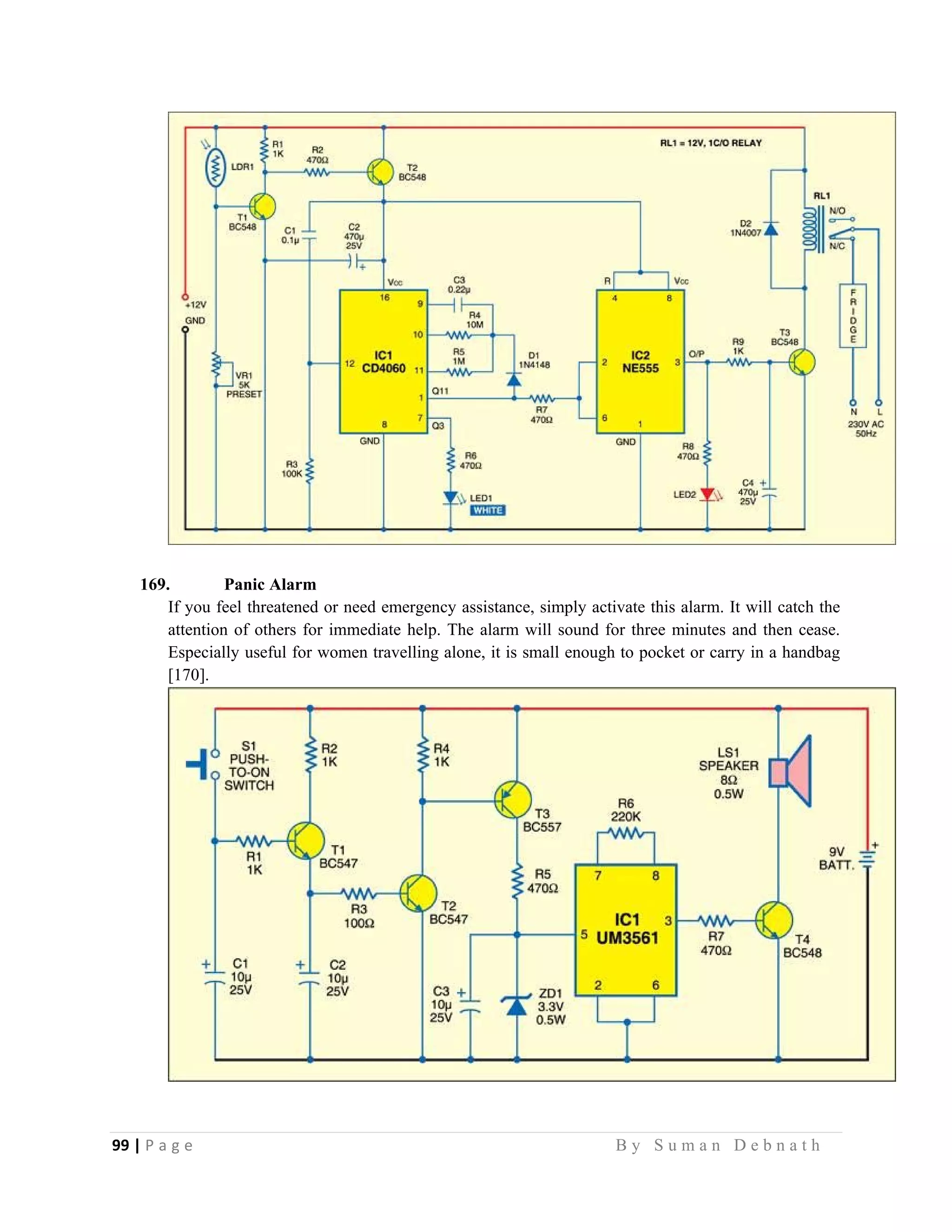 99 | P a g e                                                                                                   B y S u m a n D e b n a t h  
 
169. Panic Alarm
If you feel threatened or need emergency assistance, simply activate this alarm. It will catch the
attention of others for immediate help. The alarm will sound for three minutes and then cease.
Especially useful for women travelling alone, it is small enough to pocket or carry in a handbag
[170].
 