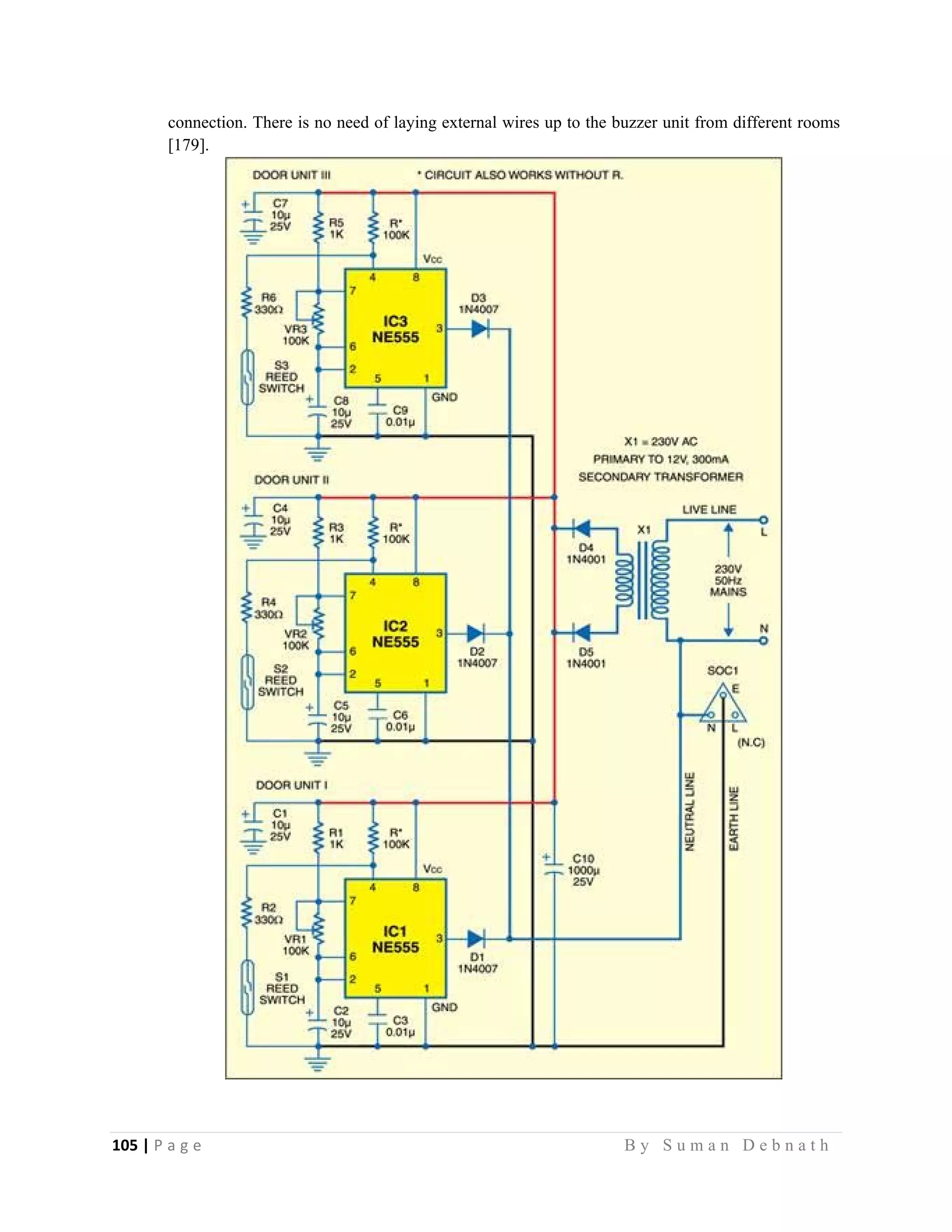 105 | P a g e                                                                                                   B y S u m a n D e b n a t h  
 
connection. There is no need of laying external wires up to the buzzer unit from different rooms
[179].
 