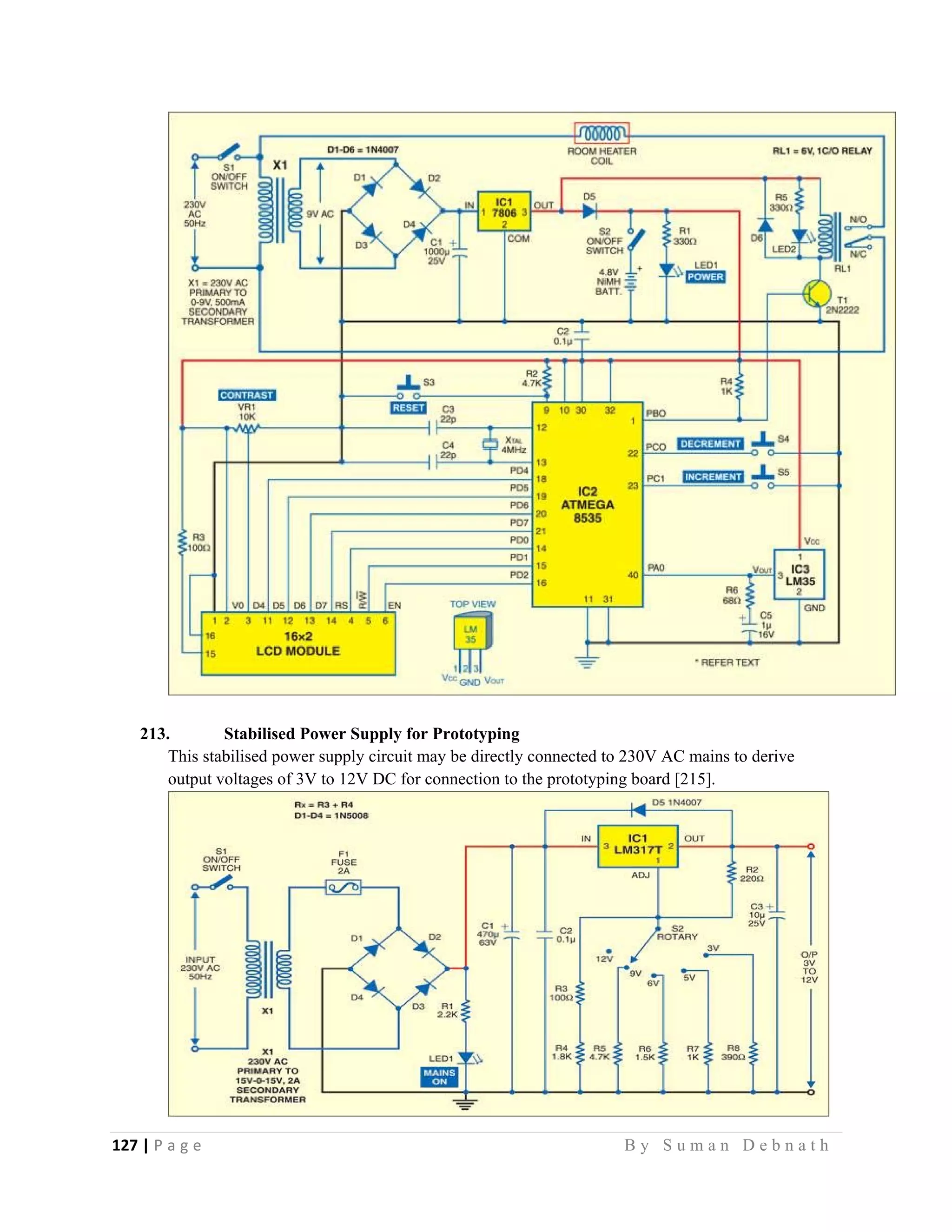 127 | P a g e                                                                                                   B y S u m a n D e b n a t h  
 
213. Stabilised Power Supply for Prototyping
This stabilised power supply circuit may be directly connected to 230V AC mains to derive
output voltages of 3V to 12V DC for connection to the prototyping board [215].
 
