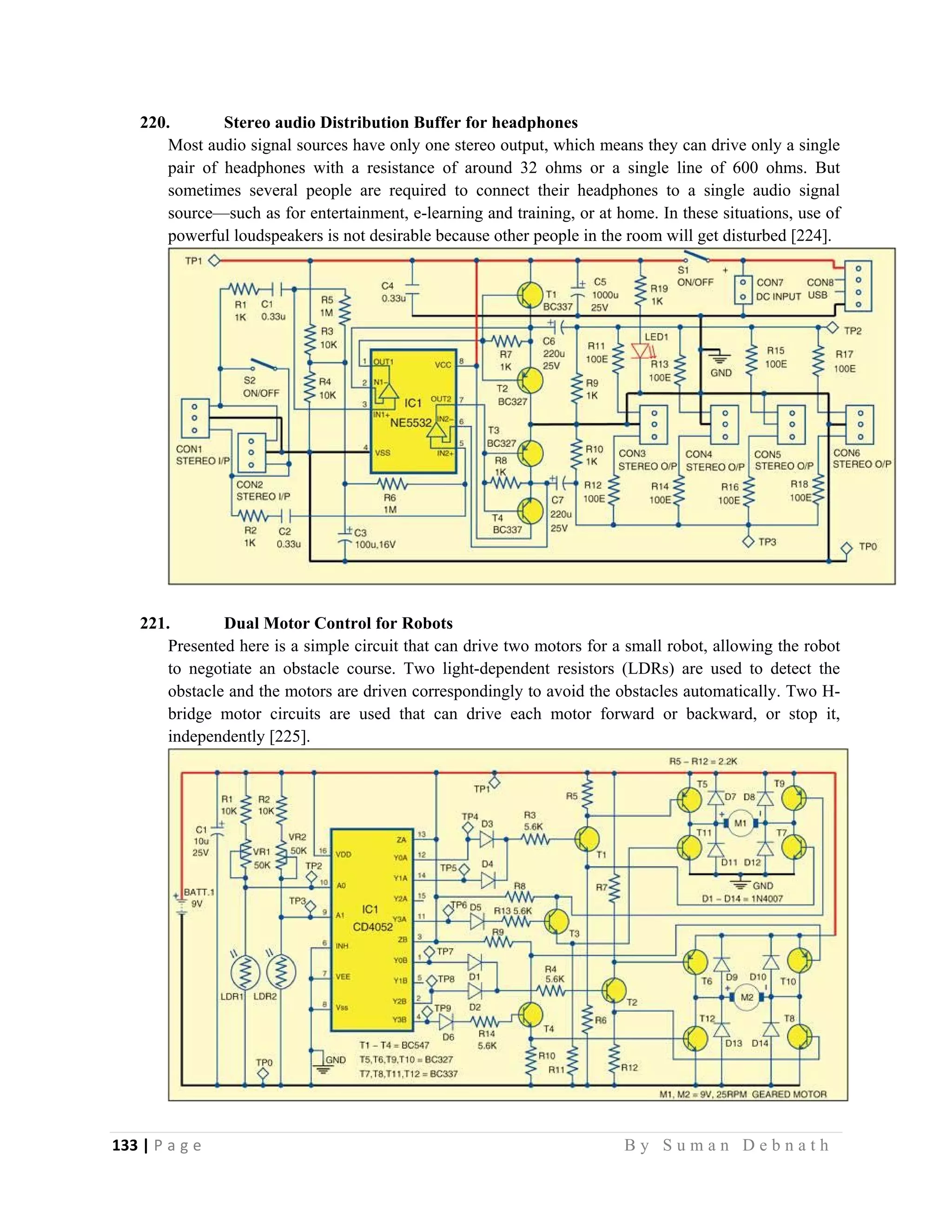133 | P a g e                                                                                                   B y S u m a n D e b n a t h  
 
220. Stereo audio Distribution Buffer for headphones
Most audio signal sources have only one stereo output, which means they can drive only a single
pair of headphones with a resistance of around 32 ohms or a single line of 600 ohms. But
sometimes several people are required to connect their headphones to a single audio signal
source—such as for entertainment, e-learning and training, or at home. In these situations, use of
powerful loudspeakers is not desirable because other people in the room will get disturbed [224].
221. Dual Motor Control for Robots
Presented here is a simple circuit that can drive two motors for a small robot, allowing the robot
to negotiate an obstacle course. Two light-dependent resistors (LDRs) are used to detect the
obstacle and the motors are driven correspondingly to avoid the obstacles automatically. Two H-
bridge motor circuits are used that can drive each motor forward or backward, or stop it,
independently [225].
 
