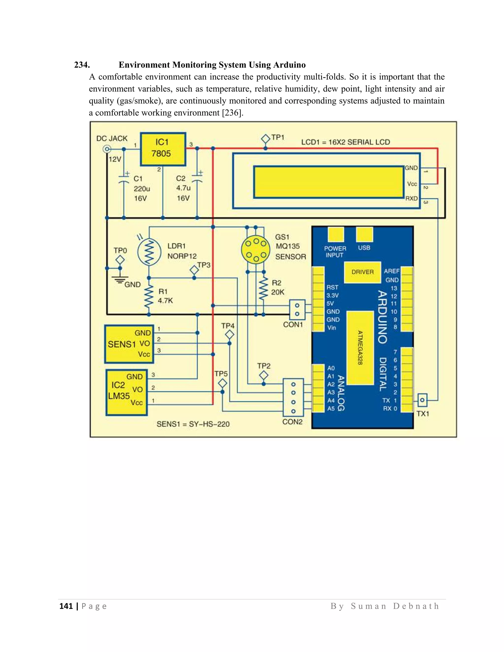 141 | P a g e                                                                                                   B y S u m a n D e b n a t h  
 
234. Environment Monitoring System Using Arduino
A comfortable environment can increase the productivity multi-folds. So it is important that the
environment variables, such as temperature, relative humidity, dew point, light intensity and air
quality (gas/smoke), are continuously monitored and corresponding systems adjusted to maintain
a comfortable working environment [236].
 