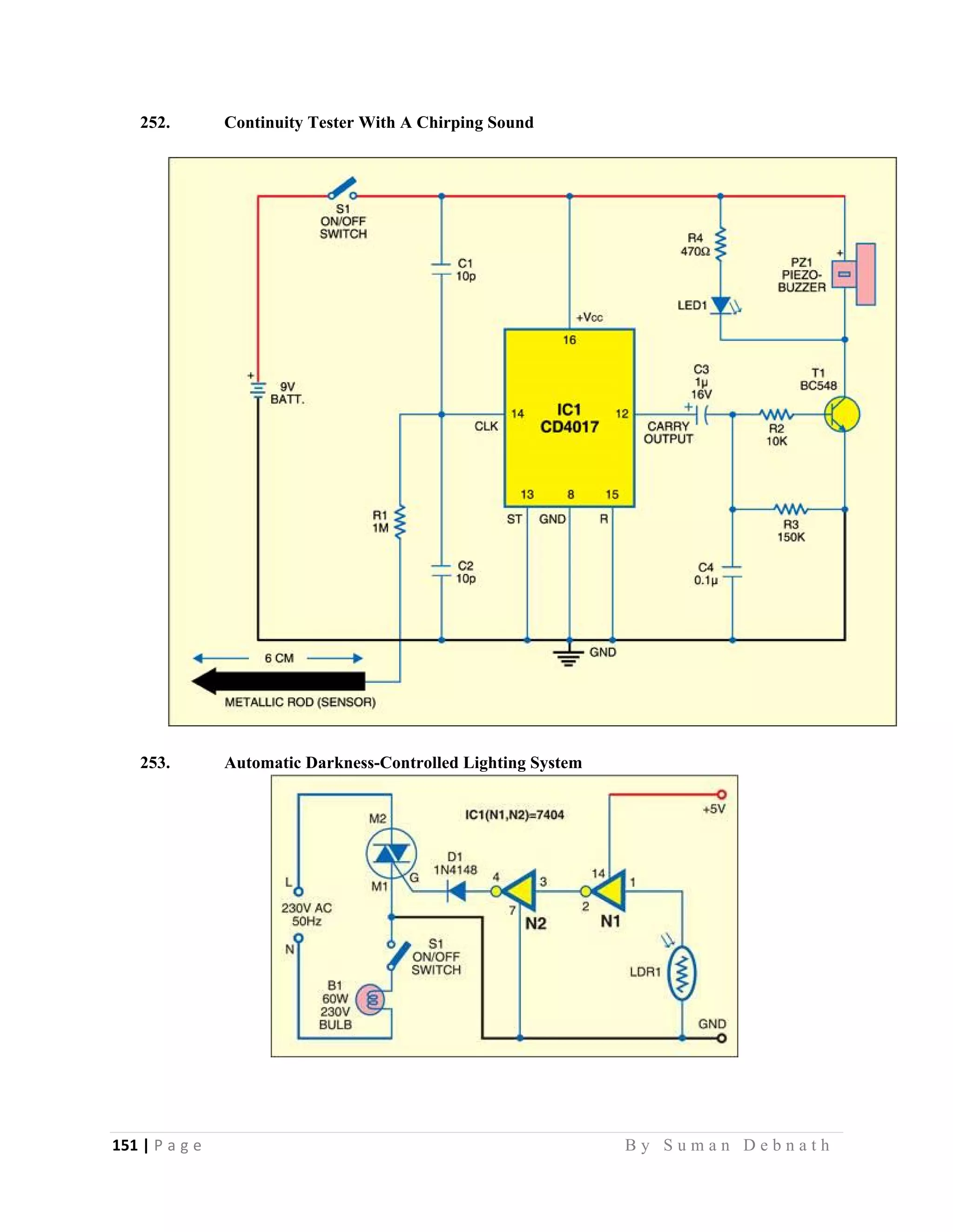 151 | P a g e                                                                                                   B y S u m a n D e b n a t h  
 
252. Continuity Tester With A Chirping Sound
253. Automatic Darkness-Controlled Lighting System
 