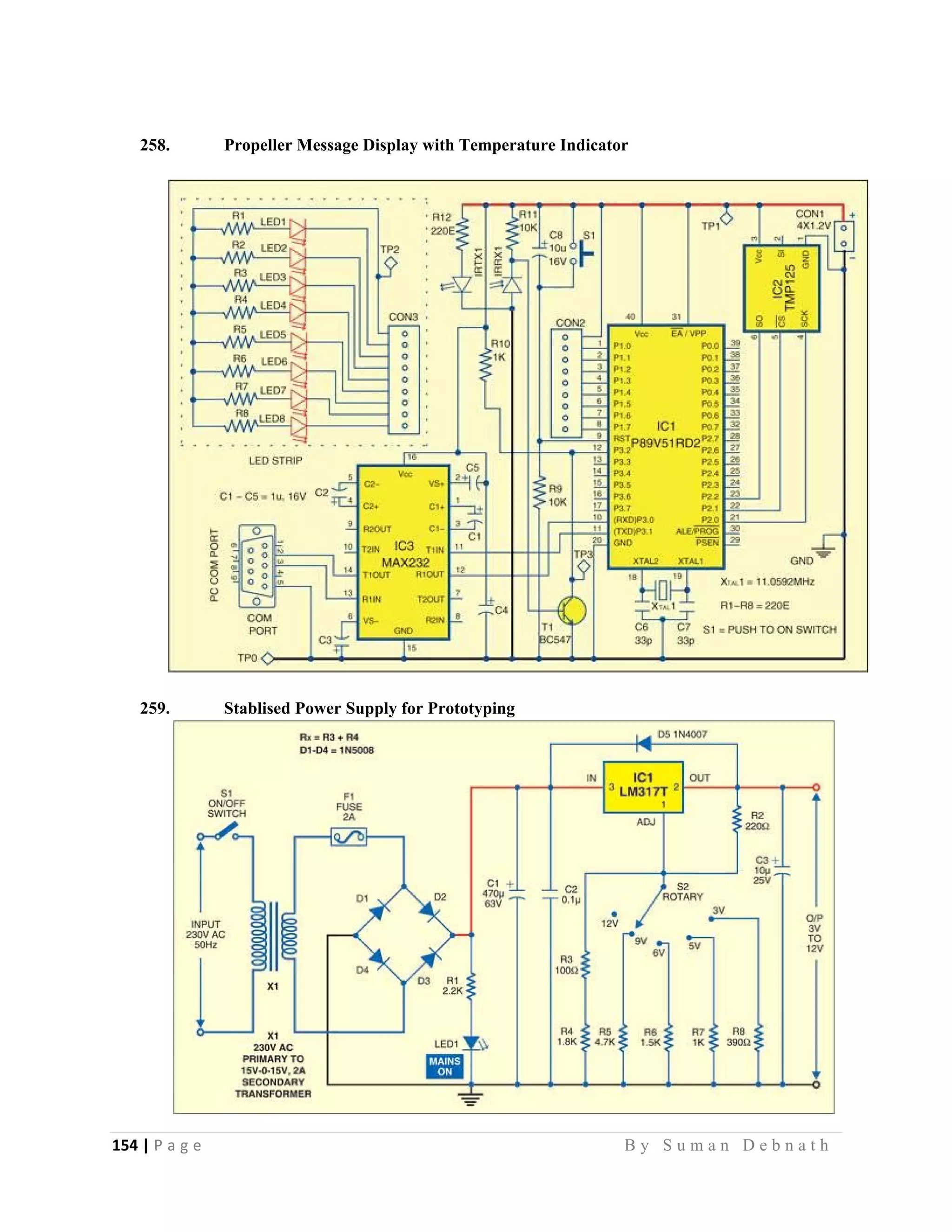 154 | P a g e                                                                                                   B y S u m a n D e b n a t h  
 
258. Propeller Message Display with Temperature Indicator
259. Stablised Power Supply for Prototyping
 