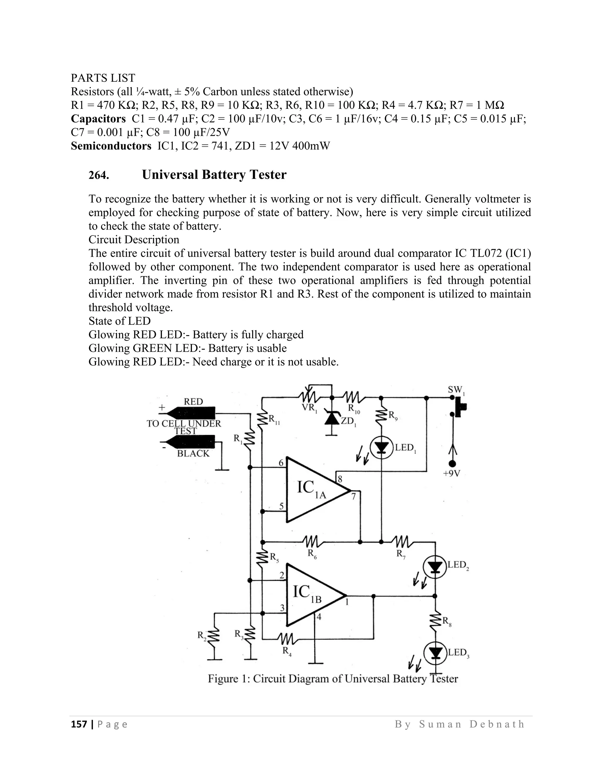 157 | P a g e                                                                                                   B y S u m a n D e b n a t h  
 
PARTS LIST
Resistors (all ¼-watt, ± 5% Carbon unless stated otherwise)
R1 = 470 KΩ; R2, R5, R8, R9 = 10 KΩ; R3, R6, R10 = 100 KΩ; R4 = 4.7 KΩ; R7 = 1 MΩ
Capacitors C1 = 0.47 µF; C2 = 100 µF/10v; C3, C6 = 1 µF/16v; C4 = 0.15 µF; C5 = 0.015 µF;
C7 = 0.001 µF; C8 = 100 µF/25V
Semiconductors IC1, IC2 = 741, ZD1 = 12V 400mW
264. Universal Battery Tester
To recognize the battery whether it is working or not is very difficult. Generally voltmeter is
employed for checking purpose of state of battery. Now, here is very simple circuit utilized
to check the state of battery.
Circuit Description
The entire circuit of universal battery tester is build around dual comparator IC TL072 (IC1)
followed by other component. The two independent comparator is used here as operational
amplifier. The inverting pin of these two operational amplifiers is fed through potential
divider network made from resistor R1 and R3. Rest of the component is utilized to maintain
threshold voltage.
State of LED
Glowing RED LED:- Battery is fully charged
Glowing GREEN LED:- Battery is usable
Glowing RED LED:- Need charge or it is not usable.
 