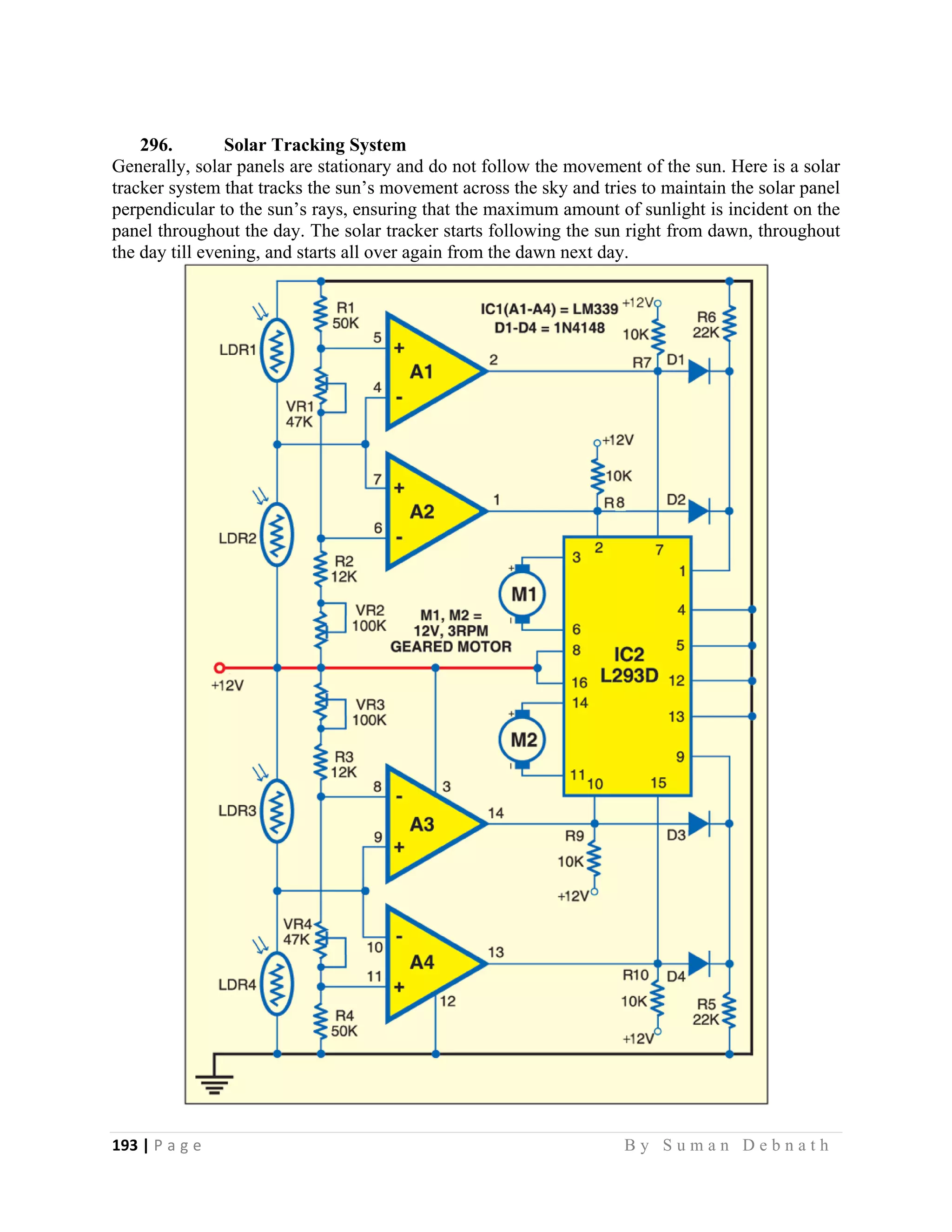 193 | P a g e                                                                                                   B y S u m a n D e b n a t h  
 
296. Solar Tracking System
Generally, solar panels are stationary and do not follow the movement of the sun. Here is a solar
tracker system that tracks the sun’s movement across the sky and tries to maintain the solar panel
perpendicular to the sun’s rays, ensuring that the maximum amount of sunlight is incident on the
panel throughout the day. The solar tracker starts following the sun right from dawn, throughout
the day till evening, and starts all over again from the dawn next day.
 