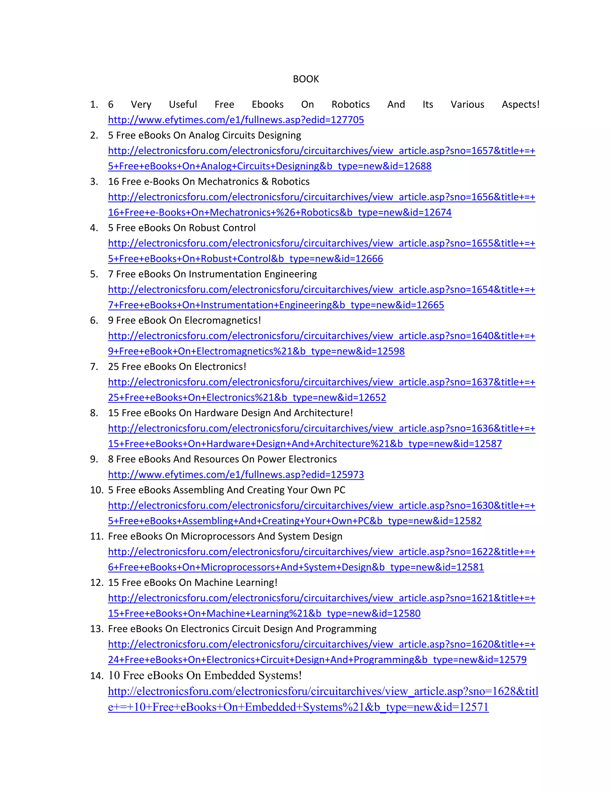 BOOK 
1. 6  Very  Useful  Free  Ebooks  On  Robotics  And  Its  Various  Aspects! 
http://www.efytimes.com/e1/fullnews.asp?edid=127705 
2. 5 Free eBooks On Analog Circuits Designing 
http://electronicsforu.com/electronicsforu/circuitarchives/view_article.asp?sno=1657&title+=+
5+Free+eBooks+On+Analog+Circuits+Designing&b_type=new&id=12688 
3. 16 Free e‐Books On Mechatronics & Robotics 
http://electronicsforu.com/electronicsforu/circuitarchives/view_article.asp?sno=1656&title+=+
16+Free+e‐Books+On+Mechatronics+%26+Robotics&b_type=new&id=12674 
4. 5 Free eBooks On Robust Control 
http://electronicsforu.com/electronicsforu/circuitarchives/view_article.asp?sno=1655&title+=+
5+Free+eBooks+On+Robust+Control&b_type=new&id=12666 
5. 7 Free eBooks On Instrumentation Engineering 
http://electronicsforu.com/electronicsforu/circuitarchives/view_article.asp?sno=1654&title+=+
7+Free+eBooks+On+Instrumentation+Engineering&b_type=new&id=12665 
6. 9 Free eBook On Elecromagnetics! 
http://electronicsforu.com/electronicsforu/circuitarchives/view_article.asp?sno=1640&title+=+
9+Free+eBook+On+Electromagnetics%21&b_type=new&id=12598 
7. 25 Free eBooks On Electronics! 
http://electronicsforu.com/electronicsforu/circuitarchives/view_article.asp?sno=1637&title+=+
25+Free+eBooks+On+Electronics%21&b_type=new&id=12652 
8. 15 Free eBooks On Hardware Design And Architecture! 
http://electronicsforu.com/electronicsforu/circuitarchives/view_article.asp?sno=1636&title+=+
15+Free+eBooks+On+Hardware+Design+And+Architecture%21&b_type=new&id=12587 
9. 8 Free eBooks And Resources On Power Electronics  
http://www.efytimes.com/e1/fullnews.asp?edid=125973 
10. 5 Free eBooks Assembling And Creating Your Own PC 
http://electronicsforu.com/electronicsforu/circuitarchives/view_article.asp?sno=1630&title+=+
5+Free+eBooks+Assembling+And+Creating+Your+Own+PC&b_type=new&id=12582 
11. Free eBooks On Microprocessors And System Design 
http://electronicsforu.com/electronicsforu/circuitarchives/view_article.asp?sno=1622&title+=+
6+Free+eBooks+On+Microprocessors+And+System+Design&b_type=new&id=12581 
12. 15 Free eBooks On Machine Learning! 
http://electronicsforu.com/electronicsforu/circuitarchives/view_article.asp?sno=1621&title+=+
15+Free+eBooks+On+Machine+Learning%21&b_type=new&id=12580 
13. Free eBooks On Electronics Circuit Design And Programming 
http://electronicsforu.com/electronicsforu/circuitarchives/view_article.asp?sno=1620&title+=+
24+Free+eBooks+On+Electronics+Circuit+Design+And+Programming&b_type=new&id=12579 
14. 10 Free eBooks On Embedded Systems!
http://electronicsforu.com/electronicsforu/circuitarchives/view_article.asp?sno=1628&titl
e+=+10+Free+eBooks+On+Embedded+Systems%21&b_type=new&id=12571 
 