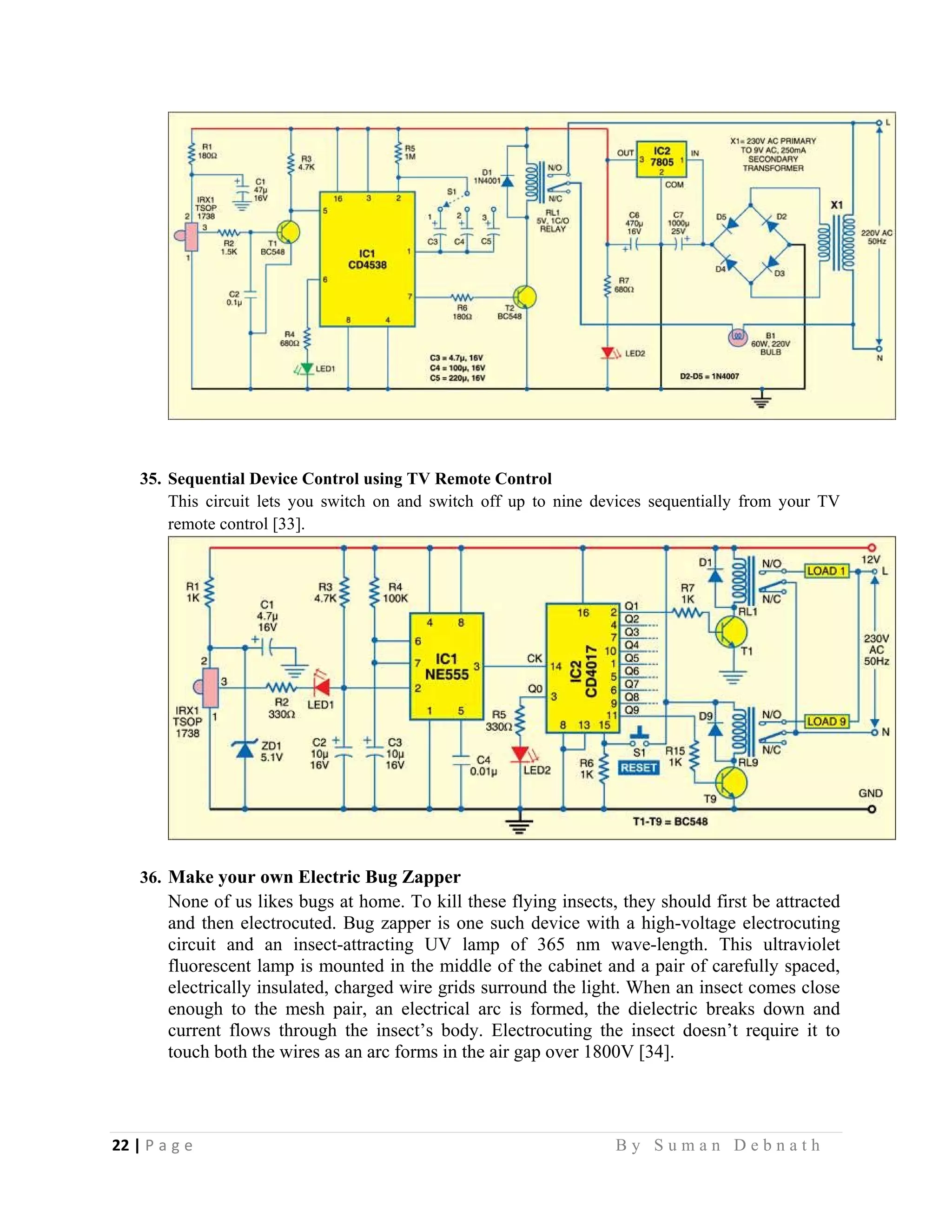 22 | P a g e                                                                                                   B y S u m a n D e b n a t h  
 
35. Sequential Device Control using TV Remote Control
This circuit lets you switch on and switch off up to nine devices sequentially from your TV
remote control [33].
36. Make your own Electric Bug Zapper
None of us likes bugs at home. To kill these flying insects, they should first be attracted
and then electrocuted. Bug zapper is one such device with a high-voltage electrocuting
circuit and an insect-attracting UV lamp of 365 nm wave-length. This ultraviolet
fluorescent lamp is mounted in the middle of the cabinet and a pair of carefully spaced,
electrically insulated, charged wire grids surround the light. When an insect comes close
enough to the mesh pair, an electrical arc is formed, the dielectric breaks down and
current flows through the insect’s body. Electrocuting the insect doesn’t require it to
touch both the wires as an arc forms in the air gap over 1800V [34].
 