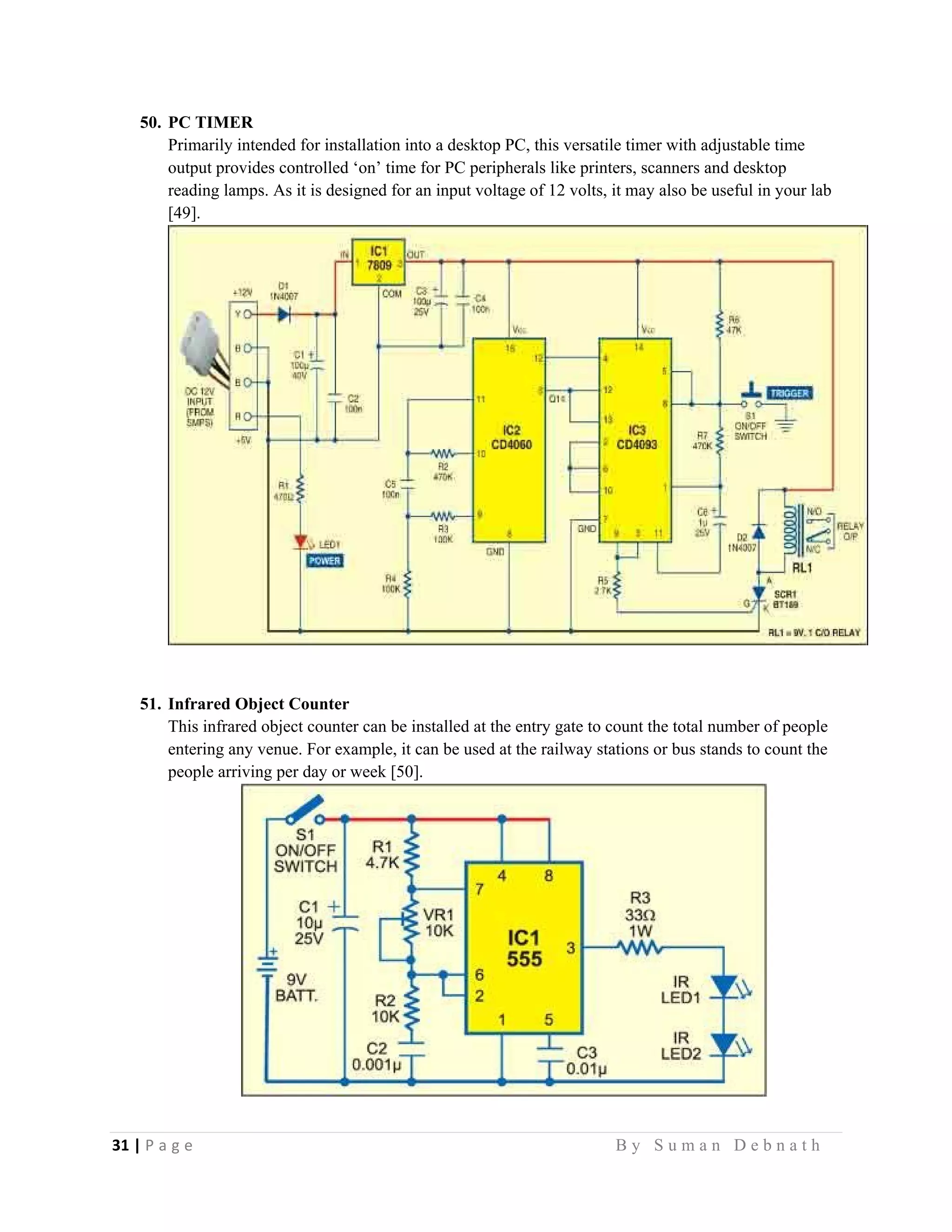 31 | P a g e                                                                                                   B y S u m a n D e b n a t h  
 
50. PC TIMER
Primarily intended for installation into a desktop PC, this versatile timer with adjustable time
output provides controlled ‘on’ time for PC peripherals like printers, scanners and desktop
reading lamps. As it is designed for an input voltage of 12 volts, it may also be useful in your lab
[49].
51. Infrared Object Counter
This infrared object counter can be installed at the entry gate to count the total number of people
entering any venue. For example, it can be used at the railway stations or bus stands to count the
people arriving per day or week [50].
 