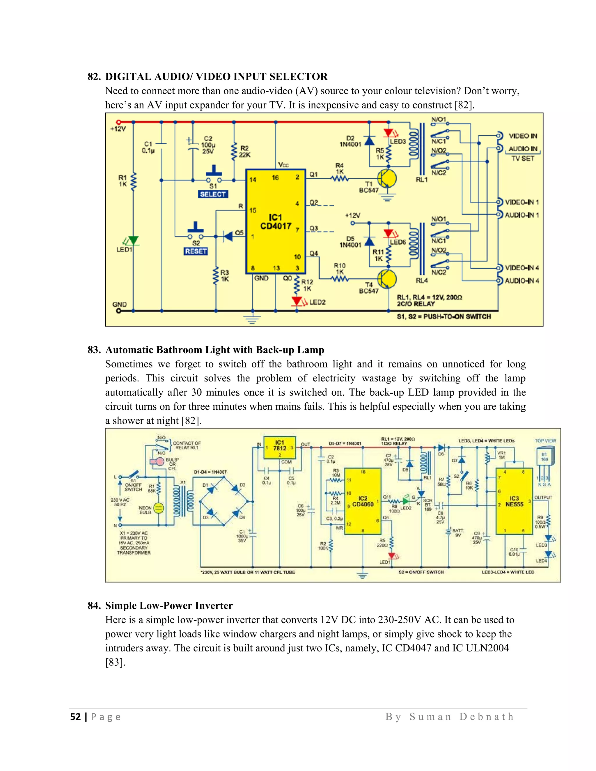 52 | P a g e                                                                                                   B y S u m a n D e b n a t h  
 
82. DIGITAL AUDIO/ VIDEO INPUT SELECTOR
Need to connect more than one audio-video (AV) source to your colour television? Don’t worry,
here’s an AV input expander for your TV. It is inexpensive and easy to construct [82].
83. Automatic Bathroom Light with Back-up Lamp
Sometimes we forget to switch off the bathroom light and it remains on unnoticed for long
periods. This circuit solves the problem of electricity wastage by switching off the lamp
automatically after 30 minutes once it is switched on. The back-up LED lamp provided in the
circuit turns on for three minutes when mains fails. This is helpful especially when you are taking
a shower at night [82].
84. Simple Low-Power Inverter
Here is a simple low-power inverter that converts 12V DC into 230-250V AC. It can be used to
power very light loads like window chargers and night lamps, or simply give shock to keep the
intruders away. The circuit is built around just two ICs, namely, IC CD4047 and IC ULN2004
[83].
 
