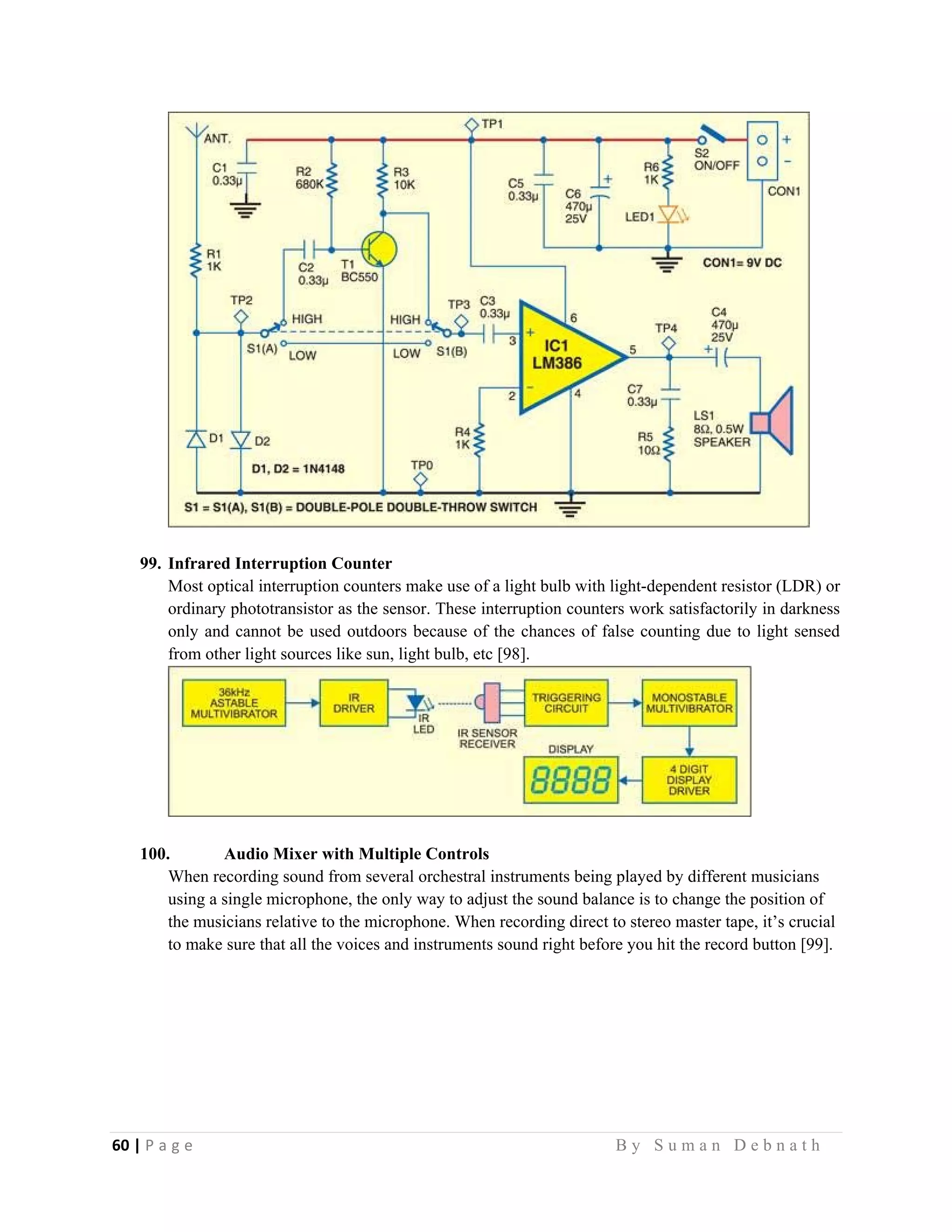 60 | P a g e                                                                                                   B y S u m a n D e b n a t h  
 
99. Infrared Interruption Counter
Most optical interruption counters make use of a light bulb with light-dependent resistor (LDR) or
ordinary phototransistor as the sensor. These interruption counters work satisfactorily in darkness
only and cannot be used outdoors because of the chances of false counting due to light sensed
from other light sources like sun, light bulb, etc [98].
100. Audio Mixer with Multiple Controls
When recording sound from several orchestral instruments being played by different musicians
using a single microphone, the only way to adjust the sound balance is to change the position of
the musicians relative to the microphone. When recording direct to stereo master tape, it’s crucial
to make sure that all the voices and instruments sound right before you hit the record button [99].
 