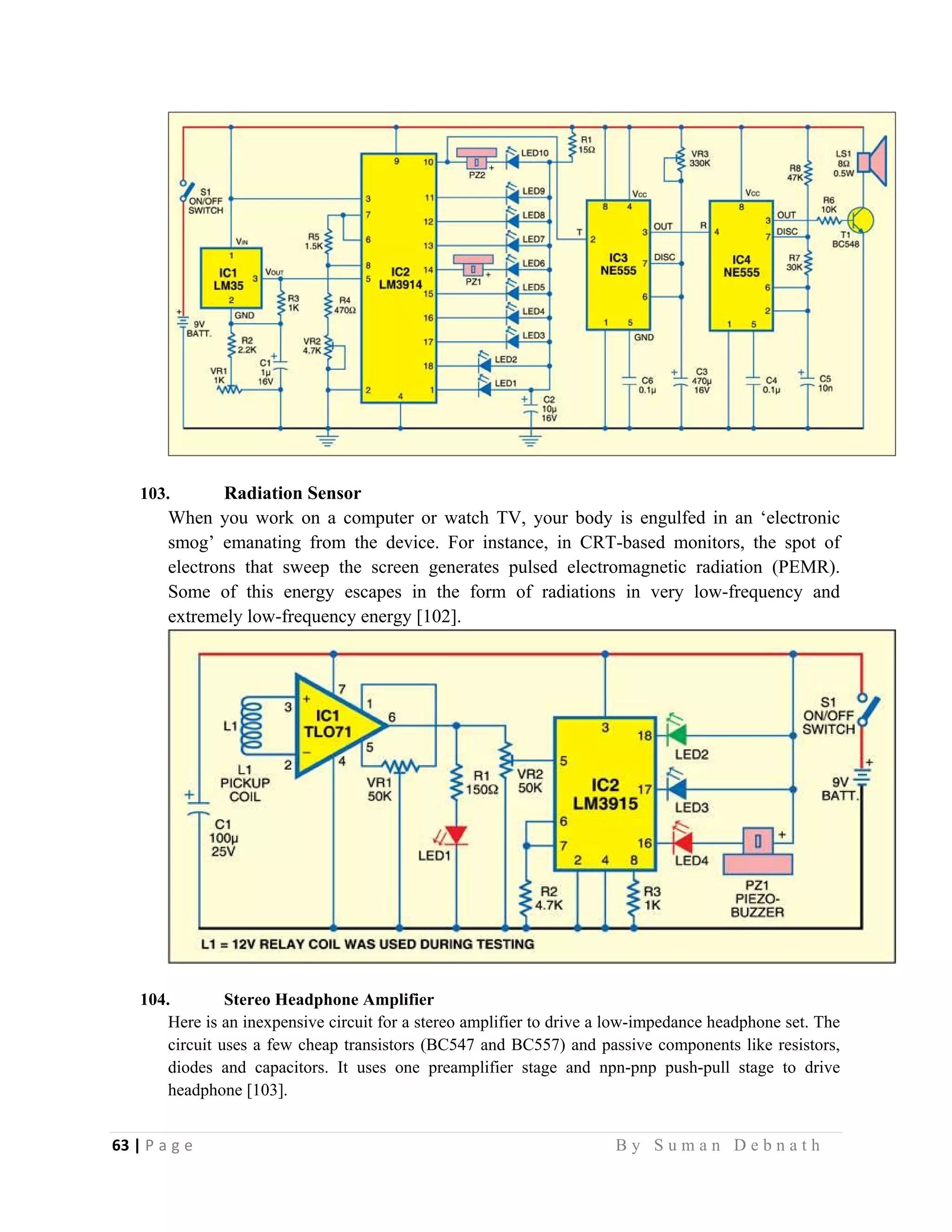 63 | P a g e                                                                                                   B y S u m a n D e b n a t h  
 
103. Radiation Sensor
When you work on a computer or watch TV, your body is engulfed in an ‘electronic
smog’ emanating from the device. For instance, in CRT-based monitors, the spot of
electrons that sweep the screen generates pulsed electromagnetic radiation (PEMR).
Some of this energy escapes in the form of radiations in very low-frequency and
extremely low-frequency energy [102].
104. Stereo Headphone Amplifier
Here is an inexpensive circuit for a stereo amplifier to drive a low-impedance headphone set. The
circuit uses a few cheap transistors (BC547 and BC557) and passive components like resistors,
diodes and capacitors. It uses one preamplifier stage and npn-pnp push-pull stage to drive
headphone [103].
 