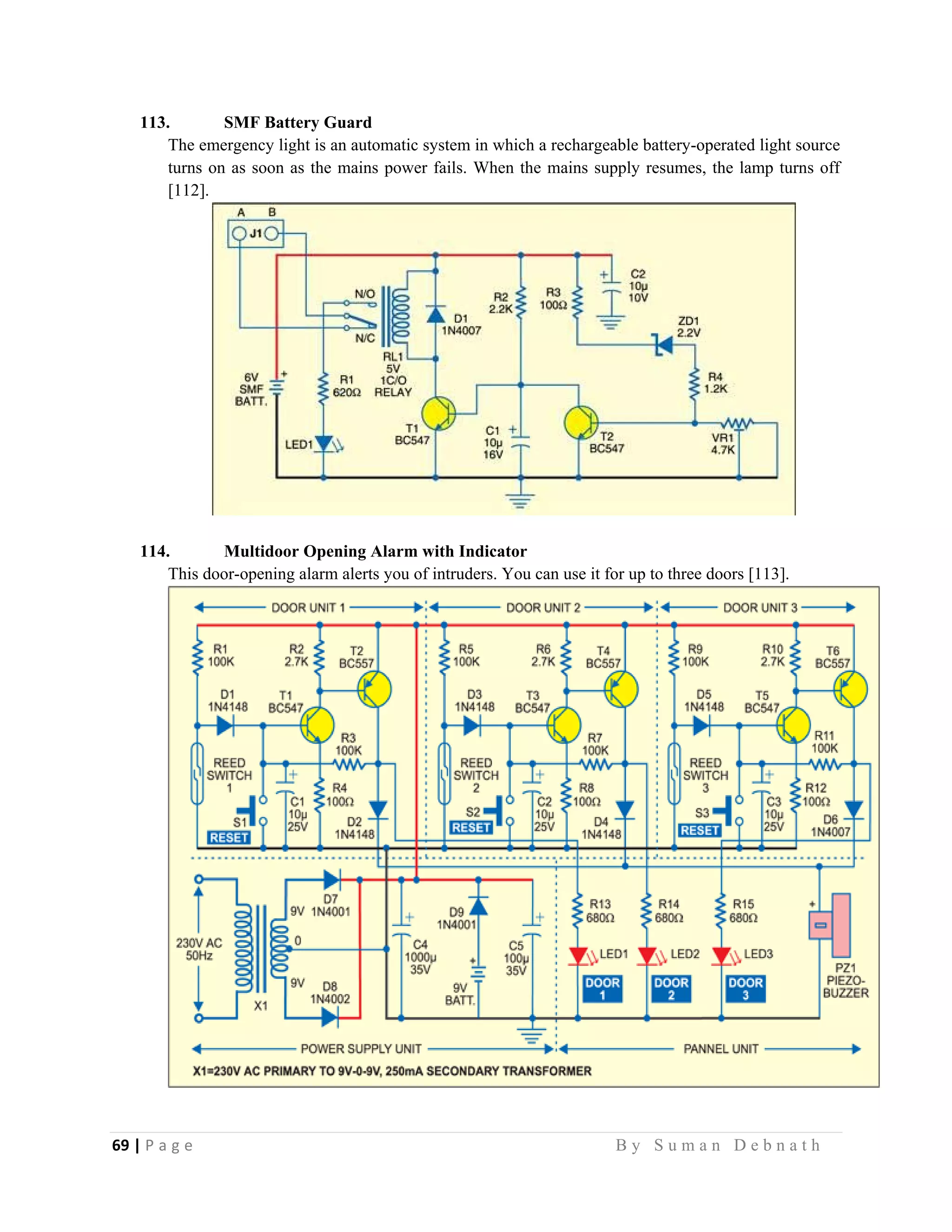 69 | P a g e                                                                                                   B y S u m a n D e b n a t h  
 
113. SMF Battery Guard
The emergency light is an automatic system in which a rechargeable battery-operated light source
turns on as soon as the mains power fails. When the mains supply resumes, the lamp turns off
[112].
114. Multidoor Opening Alarm with Indicator
This door-opening alarm alerts you of intruders. You can use it for up to three doors [113].
 