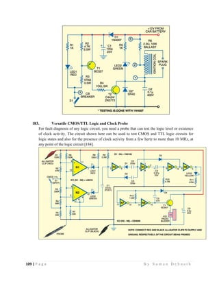 109 | P a g e                                                                                                   B y S u m a n D e b n a t h  
 
183. Versatile CMOS/TTL Logic and Clock Probe
For fault diagnosis of any logic circuit, you need a probe that can test the logic level or existence
of clock activity. The circuit shown here can be used to test CMOS and TTL logic circuits for
logic states and also for the presence of clock activity from a few hertz to more than 10 MHz, at
any point of the logic circuit [184].
 