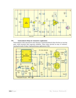 116 | P a g e                                                                                                   B y S u m a n D e b n a t h  
 
194. Semiconductor Relay for Automotive Applications
Semiconductor relays provide the same function as electromechanical relays but have no moving
parts, which increases their long-term reliability. These relays provide an array of solutions,
meeting the needs of today’s high-performance applications [196].
 