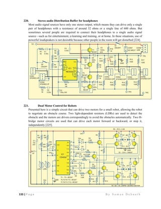 133 | P a g e                                                                                                   B y S u m a n D e b n a t h  
 
220. Stereo audio Distribution Buffer for headphones
Most audio signal sources have only one stereo output, which means they can drive only a single
pair of headphones with a resistance of around 32 ohms or a single line of 600 ohms. But
sometimes several people are required to connect their headphones to a single audio signal
source—such as for entertainment, e-learning and training, or at home. In these situations, use of
powerful loudspeakers is not desirable because other people in the room will get disturbed [224].
221. Dual Motor Control for Robots
Presented here is a simple circuit that can drive two motors for a small robot, allowing the robot
to negotiate an obstacle course. Two light-dependent resistors (LDRs) are used to detect the
obstacle and the motors are driven correspondingly to avoid the obstacles automatically. Two H-
bridge motor circuits are used that can drive each motor forward or backward, or stop it,
independently [225].
 