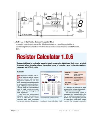 10 | P a g e                                                                                                   B y S u m a n D e b n a t h  
 
14. Software of the Month: Resistor Calculator 1.0.6
A simple, easy-to-use freeware for Windows that saves a lot oftime and effort in
determining the colour code of resistors and resistance values required for LED circuits
[12].
 