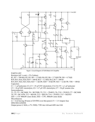 183 | P a g e                                                                                                   B y S u m a n D e b n a t h  
 
PARTS LIST
Resistors (all ¼-watt, ± 5% Carbon)
R1, R7 = 100 KΩ; R2, R3, R9 = 1.2 KΩ; R4, R5, R6 = 2.7 KΩ/2W; R8 = 4.7 KΩ
R10, R13, R16, R18, R19 = 100 Ω; R11 = 3.3 KΩ; R12, R17 = 680 Ω
R14, R15, R22, R23, R24, R25 = 1 Ω/2W; R20 = 10 Ω/2W; R21 = 1o Ω/1W; VR1 = 100 Ω
Capacitors
C1 = 1 µF/polyester; C2, C3 = 25 µF/25V electrolytic; C4, C8, C9 = o.1 µF polyester
C5 = 10 µF/60V electrolytic; C6 = 4.7 µF/10V electrolytic; C7 = 56 pF ceramic disc
Semiconductors
T1, T2, T3 = BC546B; T4 = BC558B; T5, T11 = 2N4033; T6, T10 = 2N3019; T7 = BC548B
T8, T9 = BC147B; T12 = BD140; T13 = BD139; T14 = 2N3055; T15 = MJ2955
ZD1 = 3.3V 400mW zener diode; ZD2 = 3.9V, 400mW zener diode
Miscellaneous
L1 = Coil having 20 turns of 20 SWG over thin pencil; F1 = 3.5 Ampere fuse
SPECIFICATIONS
Output power (1 KHz, o.7% THD): 73W into 4-Ω and 44W into 8-Ω
 
