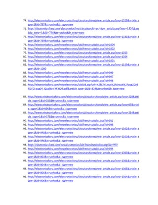 74. http://electronicsforu.com/electronicsforu/circuitarchives/view_article.asp?sno=1329&article_t
ype=1&id=797&tt=unhot&b_type=new 
75. http://electronicsforu.com/electronicsforu/circuitarchives/view_article.asp?sno=1330&art
icle_type=1&id=798&tt=unhot&b_type=new 
76. http://electronicsforu.com/electronicsforu/circuitarchives/view_article.asp?sno=1331&article_t
ype=1&id=799&tt=unhot&b_type=new 
77. http://electronicsforu.com/newelectronics/lab/freecircuitslist.asp?id=1004 
78. http://electronicsforu.com/newelectronics/lab/freecircuitslist.asp?id=1002 
79. http://electronicsforu.com/electronicsforu/circuitarchives/view_article.asp?sno=1353 
80. http://electronicsforu.com/electronicsforu/circuitarchives/view_article.asp?sno=1354 
81. http://electronicsforu.com/newelectronics/lab/freecircuitslist.asp?id=1001 
82. http://electronicsforu.com/electronicsforu/circuitarchives/view_article.asp?sno=1159&article_t
ype=1&id=1000 
83. http://electronicsforu.com/newelectronics/lab/freecircuitslist.asp?id=999 
84. http://electronicsforu.com/newelectronics/lab/freecircuitslist.asp?id=997 
85. http://electronicsforu.com/newelectronics/lab/freecircuitslist.asp?id=998 
86. http://electronicsforu.com/newelectronics/lab/ad.asp?url=%2FEFYLinux%2Fcircuit%2Faug2004
%2FCI‐aug04_Quality‐FM‐HOT.pdf&article_type=1&id=334&tt=unhot&b_type=new 
 
87. http://www.electronicsforu.com/electronicsforu/circuitarchives/view_article.asp?sno=228&arti
cle_type=1&id=357&tt=unhot&b_type=new 
88. http://www.electronicsforu.com/electronicsforu/circuitarchives/view_article.asp?sno=67&articl
e_type=1&id=464&tt=unhot&b_type=new 
89. http://www.electronicsforu.com/electronicsforu/circuitarchives/view_article.asp?sno=214&arti
cle_type=1&id=373&tt=unhot&b_type=new 
90. http://electronicsforu.com/newelectronics/lab/freecircuitslist.asp?id=951 
91. http://electronicsforu.com/newelectronics/lab/freecircuitslist.asp?id=996 
92. http://electronicsforu.com/electronicsforu/circuitarchives/view_article.asp?sno=1102&article_t
ype=1&id=948&tt=unhot&b_type=new 
93. http://electronicsforu.com/electronicsforu/circuitarchives/view_article.asp?sno=1100&article_t
ype=1&id=946&tt=unhot&b_type=new 
94. http://electronicsforu.com/newelectronics/lab/freecircuitslist.asp?id=995 
95. http://electronicsforu.com/newelectronics/lab/freecircuitslist.asp?id=994 
96. http://electronicsforu.com/electronicsforu/circuitarchives/view_article.asp?sno=1363&article_t
ype=1&id=803&tt=unhot&b_type=new 
97. http://electronicsforu.com/electronicsforu/circuitarchives/view_article.asp?sno=1361&article_t
ype=1&id=804&tt=unhot&b_type=new 
98. http://electronicsforu.com/electronicsforu/circuitarchives/view_article.asp?sno=1365&article_t
ype=1&id=805&tt=unhot&b_type=new 
99. http://electronicsforu.com/electronicsforu/circuitarchives/view_article.asp?sno=1364&article_t
ype=1&id=806&tt=unhot&b_type=new 
 