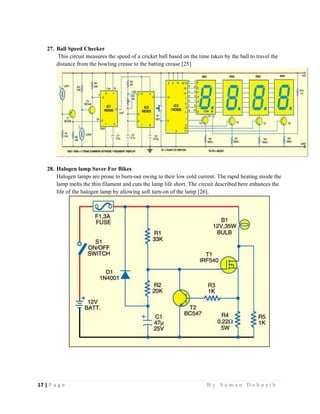 17 | P a g e                                                                                                   B y S u m a n D e b n a t h  
 
27. Ball Speed Checker
This circuit measures the speed of a cricket ball based on the time taken by the ball to travel the
distance from the bowling crease to the batting crease [25].
28. Halogen lamp Saver For Bikes
Halogen lamps are prone to burn-out owing to their low cold current. The rapid heating inside the
lamp melts the thin filament and cuts the lamp life short. The circuit described here enhances the
life of the halogen lamp by allowing soft turn-on of the lamp [26].
 