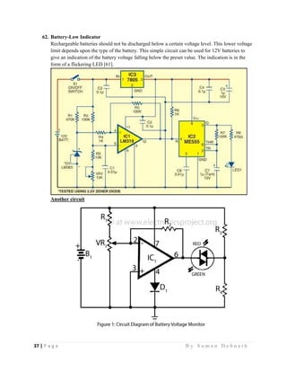 37 | P a g e                                                                                                   B y S u m a n D e b n a t h  
 
62. Battery-Low Indicator
Rechargeable batteries should not be discharged below a certain voltage level. This lower voltage
limit depends upon the type of the battery. This simple circuit can be used for 12V batteries to
give an indication of the battery voltage falling below the preset value. The indication is in the
form of a flickering LED [61].
Another circuit
 