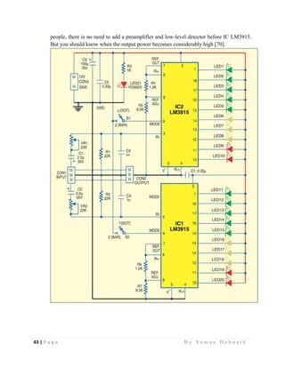 43 | P a g e                                                                                                   B y S u m a n D e b n a t h  
 
people, there is no need to add a preamplifier and low-level detector before IC LM3915.
But you should know when the output power becomes considerably high [70].
 