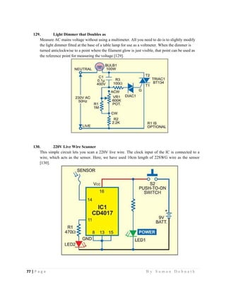 77 | P a g e                                                                                                   B y S u m a n D e b n a t h  
 
129. Light Dimmer that Doubles as
Measure AC mains voltage without using a multimeter. All you need to do is to slightly modify
the light dimmer fitted at the base of a table lamp for use as a voltmeter. When the dimmer is
turned anticlockwise to a point where the filament glow is just visible, that point can be used as
the reference point for measuring the voltage [129].
130. 220V Live Wire Scanner
This simple circuit lets you scan a 220V live wire. The clock input of the IC is connected to a
wire, which acts as the sensor. Here, we have used 10cm length of 22SWG wire as the sensor
[130].
 
