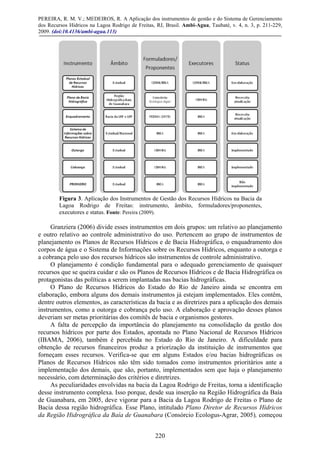 PEREIRA, R. M. V.; MEDEIROS, R. A Aplicação dos instrumentos de gestão e do Sistema de Gerenciamento
dos Recursos Hídricos na Lagoa Rodrigo de Freitas, RJ, Brasil. Ambi-Agua, Taubaté, v. 4, n. 3, p. 211-229,
2009. (doi:10.4136/ambi-agua.113)
220
Figura 3. Aplicação dos Instrumentos de Gestão dos Recursos Hídricos na Bacia da
Lagoa Rodrigo de Freitas: instrumento, âmbito, formuladores/proponentes,
executores e status. Fonte: Pereira (2009).
Granziera (2006) divide esses instrumentos em dois grupos: um relativo ao planejamento
e outro relativo ao controle administrativo do uso. Pertencem ao grupo de instrumentos de
planejamento os Planos de Recursos Hídricos e de Bacia Hidrográfica, o enquadramento dos
corpos de água e o Sistema de Informações sobre os Recursos Hídricos, enquanto a outorga e
a cobrança pelo uso dos recursos hídricos são instrumentos de controle administrativo.
O planejamento é condição fundamental para o adequado gerenciamento de quaisquer
recursos que se queira cuidar e são os Planos de Recursos Hídricos e de Bacia Hidrográfica os
protagonistas das políticas a serem implantadas nas bacias hidrográficas.
O Plano de Recursos Hídricos do Estado do Rio de Janeiro ainda se encontra em
elaboração, embora alguns dos demais instrumentos já estejam implementados. Eles contêm,
dentre outros elementos, as características da bacia e as diretrizes para a aplicação dos demais
instrumentos, como a outorga e cobrança pelo uso. A elaboração e aprovação desses planos
deveriam ser metas prioritárias dos comitês de bacia e organismos gestores.
A falta de percepção da importância do planejamento na consolidação da gestão dos
recursos hídricos por parte dos Estados, apontada no Plano Nacional de Recursos Hídricos
(IBAMA, 2006), também é percebida no Estado do Rio de Janeiro. A dificuldade para
obtenção de recursos financeiros produz a priorização da instituição de instrumentos que
forneçam esses recursos. Verifica-se que em alguns Estados e/ou bacias hidrográficas os
Planos de Recursos Hídricos não têm sido tomados como instrumentos prioritários ante a
implementação dos demais, que são, portanto, implementados sem que haja o planejamento
necessário, com determinação dos critérios e diretrizes.
As peculiaridades envolvidas na bacia da Lagoa Rodrigo de Freitas, torna a identificação
desse instrumento complexa. Isso porque, desde sua inserção na Região Hidrográfica da Baía
de Guanabara, em 2005, deve vigorar para a Bacia da Lagoa Rodrigo de Freitas o Plano de
Bacia dessa região hidrográfica. Esse Plano, intitulado Plano Diretor de Recursos Hídricos
da Região Hidrográfica da Baía de Guanabara (Consórcio Ecologus-Agrar, 2005), começou
 