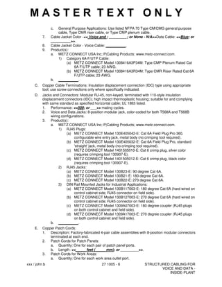 xxx / john b 27 1005 - 6 STRUCTURED CABLING FOR
VOICE AND DATA -
INSIDE-PLANT
c. General Purpose Applications: Use listed NFPA 70 Type CM/CMG general purpose
cable, Type CMR riser cable, or Type CMP plenum cable.
7. Cable Jacket Color -<< Voice and ; _________; or None - N/A>>Data Cable: <<Blue; or
__________>>.
8. Cable Jacket Color - Voice Cable: __________.
9. Product(s):
a. METZ CONNECT USA Inc; P|Cabling Products: www.metz-connect.com.
1) Category 6A F/UTP Cable:
(a) METZ CONNECT Model 1308416A3P34M: Type CMP Plenum Rated Cat
6A F/UTP cable; 23 AWG.
(b) METZ CONNECT Model 1308416A3R34M: Type CMR Riser Rated Cat 6A
F/UTP cable; 23 AWG.
b. __________.
C. Copper Cable Terminations: Insulation displacement connection (IDC) type using appropriate
tool; use screw connections only where specifically indicated.
D. Jacks and Connectors: Modular RJ-45, non-keyed, terminated with 110-style insulation
displacement connectors (IDC); high impact thermoplastic housing; suitable for and complying
with same standard as specified horizontal cable; UL 1863 listed.
1. Performance: <<500; or ___>> mating cycles.
2. Voice and Data Jacks: 8-position modular jack, color-coded for both T568A and T568B
wiring configurations.
3. Product(s):
a. METZ CONNECT USA Inc; P|Cabling Products; www.metz-connect.com.
1) RJ45 Plugs:
(a) METZ CONNECT Model 130E405042-E: Cat 6A Field Plug Pro 360,
configurable wire entry jack, metal body (no crimping tool required).
(b) METZ CONNECT Model 130E405032-E: Cat 6A Field Plug Pro, standard
'straight' jack, metal body (no crimping tool required).
(c) METZ CONNECT Model 1401505010-E: Cat 6 crimp plug, silver color
(requires crimping tool 130907-E).
(d) METZ CONNECT Model 1401505012-E: Cat 6 crimp plug, black color
(requires crimping tool 130907-E).
2) RJ45 Jacks:
(a) METZ CONNECT Model 130B23-E: 90 degree Cat 6A.
(b) METZ CONNECT Model 130B21-E: 180 degree Cat 6A.
(c) METZ CONNECT Model 130B22-E: 270 degree Cat 6A.
3) DIN Rail Mounted Jacks for Industrial Applications:
(a) METZ CONNECT Model 130B117003-E: 180 degree Cat 6A (hard wired on
control cabinet side; RJ45 connector on field side).
(b) METZ CONNECT Model 130B127003-E: 270 degree Cat 6A (hard wired on
control cabinet side; RJ45 connector on field side).
(c) METZ CONNECT Model 1309A07003-E: 180 degree coupler (RJ45 plugs
on both control cabinet and field side).
(d) METZ CONNECT Model 1309A17003-E: 270 degree coupler (RJ45 plugs
on both control cabinet and field side).
b. __________.
E. Copper Patch Cords:
1. Description: Factory-fabricated 4-pair cable assemblies with 8-position modular connectors
terminated at each end.
2. Patch Cords for Patch Panels:
a. Quantity: One for each pair of patch panel ports.
b. Length: <<_____ feet (_____ mm); or _________>>.
3. Patch Cords for Work Areas:
a. Quantity: One for each work area outlet port.
M A S T E R T E X T O N L Y
 