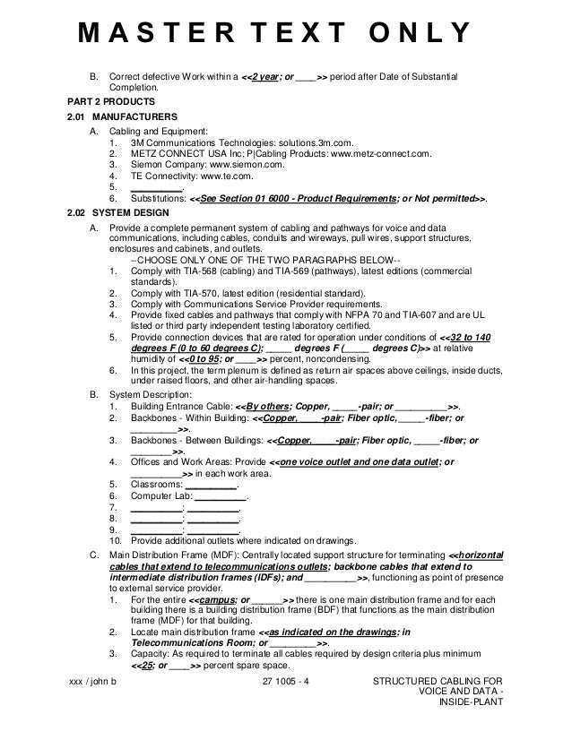 csi master format specification 271005 structured cabling for voice a csi specification format example