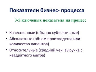 Показатели бизнес- процесса
3-5 ключевых показателя на процесс
• Качественные (обычно субъективные)
• Абсолютные (объем производства или
количество клиентов)
• Относительные (средний чек, выручка с
квадратного метра)
 