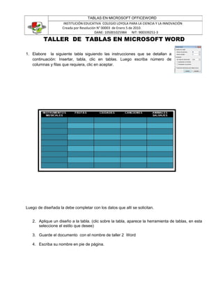 TALLER DE TABLAS EN MICROSOFT WORD
1. Elabore la siguiente tabla siguiendo las instrucciones que se detallan a
continuación: Insertar, tabla, clic en tablas. Luego escriba número de
columnas y filas que requiera, clic en aceptar.
Luego de diseñada la debe completar con los datos que allí se solicitan.
2. Aplique un diseño a la tabla. (clic sobre la tabla, aparece la herramienta de tablas, en esta
seleccione el estilo que desee)
3. Guarde el documento con el nombre de taller 2 Word
4. Escriba su nombre en pie de página.
TABLAS EN MICROSOFT OFFICEWORD
INSTITUCIÓN EDUCATIVA COLEGIO LOYOLA PARA LA CIENCIA Y LA INNOVACIÓN
Creada por Resolución N° 00003 de Enero 5 de 2010.
DANE: 105001025984 NIT: 900339251-3
 