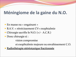 Méningiome de la gaine du N.O.
 En masse ou « engainant »
 B.A.V. + rétrécissement CV+ exophtalmie
 Chirurgie sacrifie le N.O. (+/- A.C.R.)
 Donc chirurgie si :
vision compromise
et exophtalmie majeure ou envahissement C.O.
 Radiothérapie stéréotaxique fractionnée
 