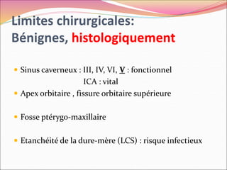 Limites chirurgicales:
Bénignes, histologiquement
 Sinus caverneux : III, IV, VI, V : fonctionnel
ICA : vital
 Apex orbitaire , fissure orbitaire supérieure
 Fosse ptérygo-maxillaire
 Etanchéité de la dure-mère (LCS) : risque infectieux
 