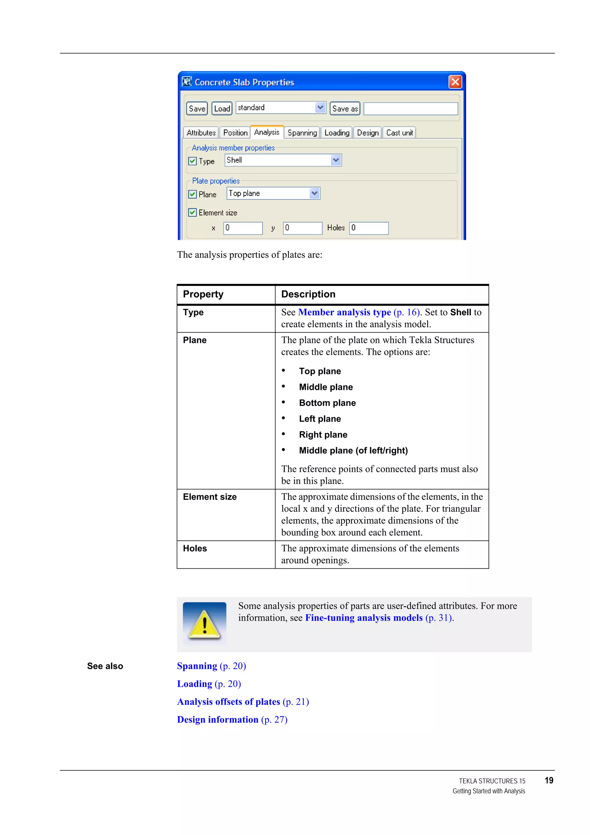 TEKLA STRUCTURES 15 19
Getting Started with Analysis
The analysis properties of plates are:
See also Spanning (p. 20)
Loading (p. 20)
Analysis offsets of plates (p. 21)
Design information (p. 27)
Property Description
Type See Member analysis type (p. 16). Set to Shell to
create elements in the analysis model.
Plane The plane of the plate on which Tekla Structures
creates the elements. The options are:
• Top plane
• Middle plane
• Bottom plane
• Left plane
• Right plane
• Middle plane (of left/right)
The reference points of connected parts must also
be in this plane.
Element size The approximate dimensions of the elements, in the
local x and y directions of the plate. For triangular
elements, the approximate dimensions of the
bounding box around each element.
Holes The approximate dimensions of the elements
around openings.
Some analysis properties of parts are user-defined attributes. For more
information, see Fine-tuning analysis models (p. 31).
 