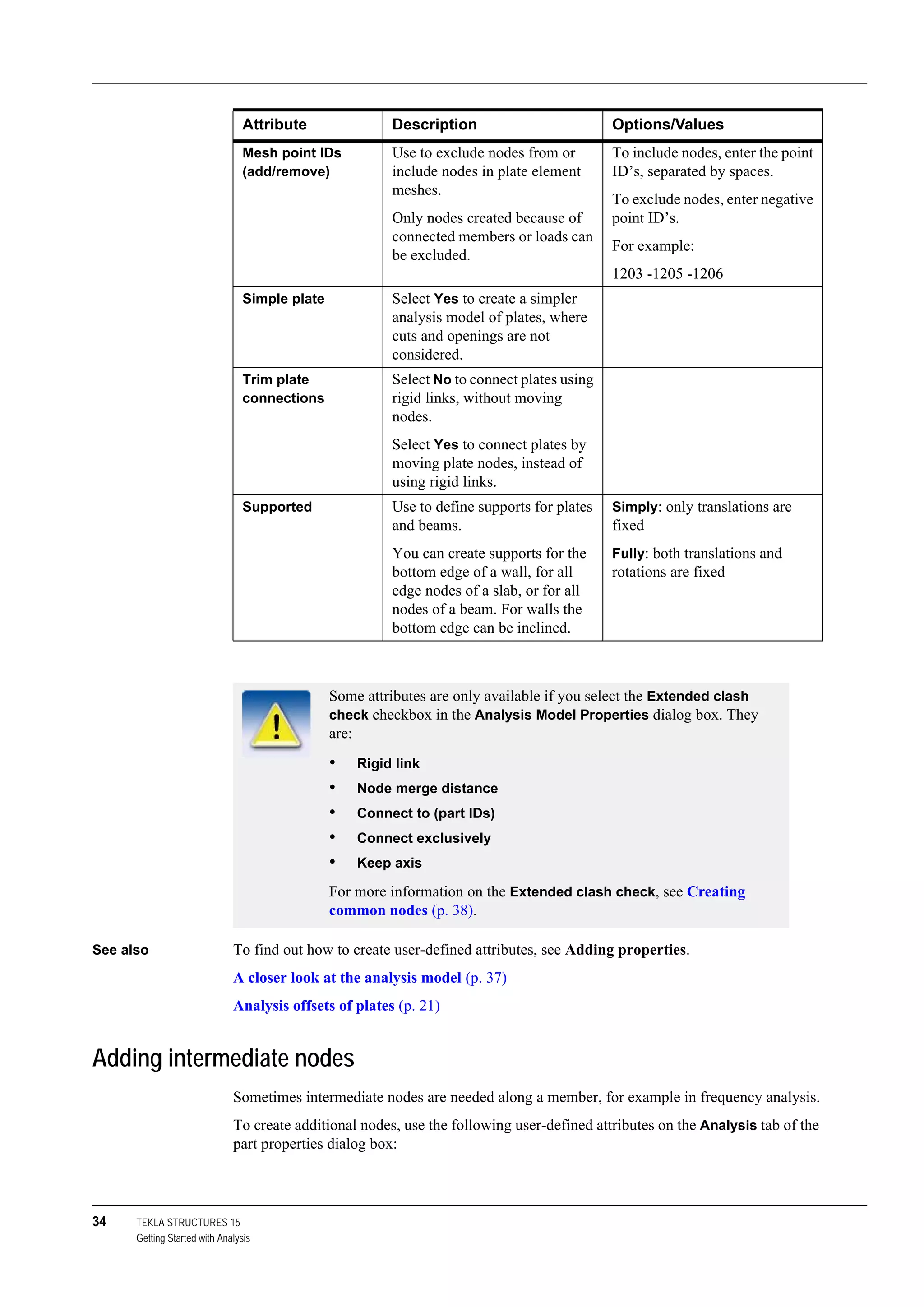 34 TEKLA STRUCTURES 15
Getting Started with Analysis
See also To find out how to create user-defined attributes, see Adding properties.
A closer look at the analysis model (p. 37)
Analysis offsets of plates (p. 21)
Adding intermediate nodes
Sometimes intermediate nodes are needed along a member, for example in frequency analysis.
To create additional nodes, use the following user-defined attributes on the Analysis tab of the
part properties dialog box:
Mesh point IDs
(add/remove)
Use to exclude nodes from or
include nodes in plate element
meshes.
Only nodes created because of
connected members or loads can
be excluded.
To include nodes, enter the point
ID’s, separated by spaces.
To exclude nodes, enter negative
point ID’s.
For example:
1203 -1205 -1206
Simple plate Select Yes to create a simpler
analysis model of plates, where
cuts and openings are not
considered.
Trim plate
connections
Select No to connect plates using
rigid links, without moving
nodes.
Select Yes to connect plates by
moving plate nodes, instead of
using rigid links.
Supported Use to define supports for plates
and beams.
You can create supports for the
bottom edge of a wall, for all
edge nodes of a slab, or for all
nodes of a beam. For walls the
bottom edge can be inclined.
Simply: only translations are
fixed
Fully: both translations and
rotations are fixed
Some attributes are only available if you select the Extended clash
check checkbox in the Analysis Model Properties dialog box. They
are:
• Rigid link
• Node merge distance
• Connect to (part IDs)
• Connect exclusively
• Keep axis
For more information on the Extended clash check, see Creating
common nodes (p. 38).
Attribute Description Options/Values
 