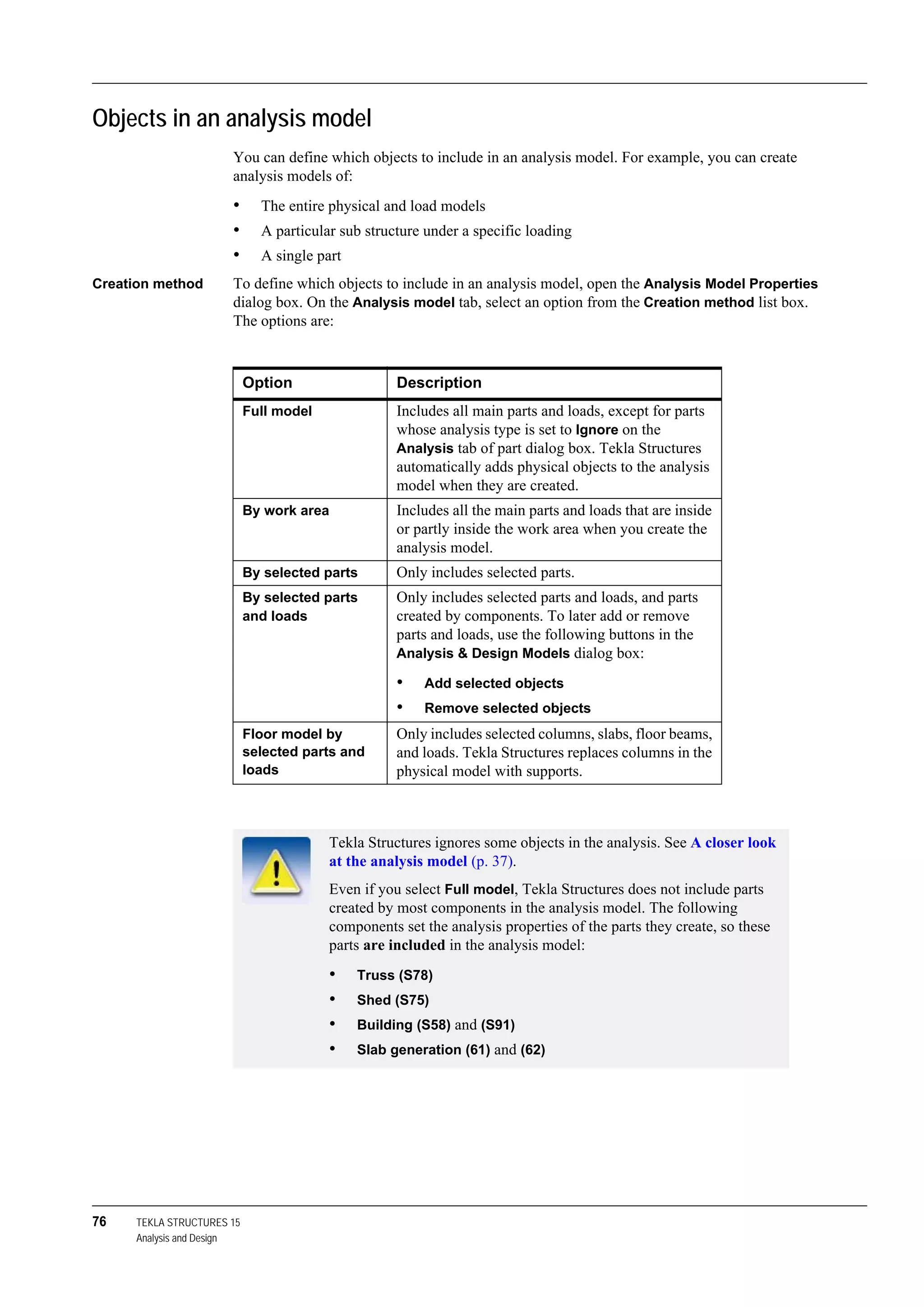 76 TEKLA STRUCTURES 15
Analysis and Design
Objects in an analysis model
You can define which objects to include in an analysis model. For example, you can create
analysis models of:
• The entire physical and load models
• A particular sub structure under a specific loading
• A single part
Creation method To define which objects to include in an analysis model, open the Analysis Model Properties
dialog box. On the Analysis model tab, select an option from the Creation method list box.
The options are:
Option Description
Full model Includes all main parts and loads, except for parts
whose analysis type is set to Ignore on the
Analysis tab of part dialog box. Tekla Structures
automatically adds physical objects to the analysis
model when they are created.
By work area Includes all the main parts and loads that are inside
or partly inside the work area when you create the
analysis model.
By selected parts Only includes selected parts.
By selected parts
and loads
Only includes selected parts and loads, and parts
created by components. To later add or remove
parts and loads, use the following buttons in the
Analysis & Design Models dialog box:
• Add selected objects
• Remove selected objects
Floor model by
selected parts and
loads
Only includes selected columns, slabs, floor beams,
and loads. Tekla Structures replaces columns in the
physical model with supports.
Tekla Structures ignores some objects in the analysis. See A closer look
at the analysis model (p. 37).
Even if you select Full model, Tekla Structures does not include parts
created by most components in the analysis model. The following
components set the analysis properties of the parts they create, so these
parts are included in the analysis model:
• Truss (S78)
• Shed (S75)
• Building (S58) and (S91)
• Slab generation (61) and (62)
 
