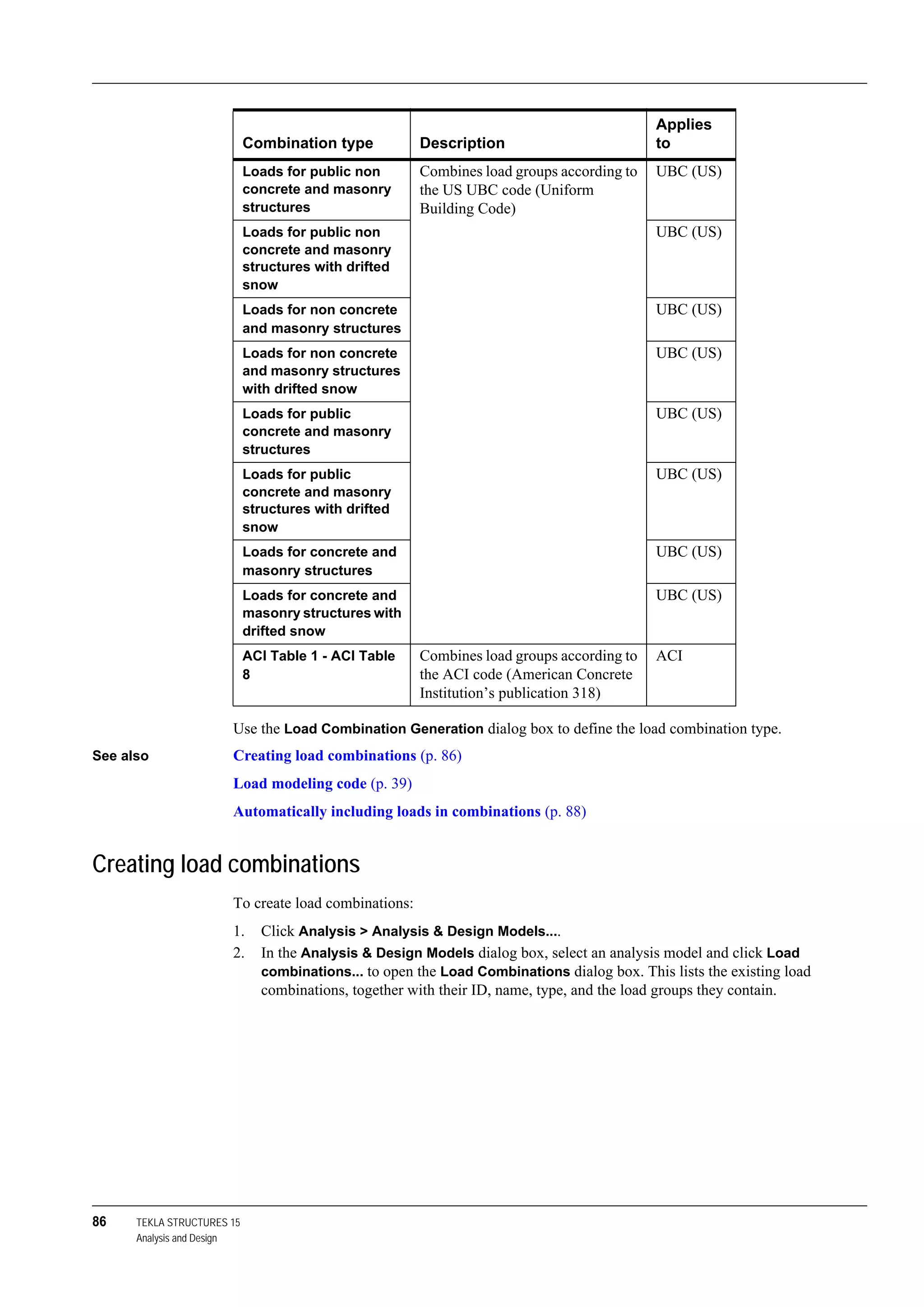 86 TEKLA STRUCTURES 15
Analysis and Design
Use the Load Combination Generation dialog box to define the load combination type.
See also Creating load combinations (p. 86)
Load modeling code (p. 39)
Automatically including loads in combinations (p. 88)
Creating load combinations
To create load combinations:
1. Click Analysis > Analysis & Design Models....
2. In the Analysis & Design Models dialog box, select an analysis model and click Load
combinations... to open the Load Combinations dialog box. This lists the existing load
combinations, together with their ID, name, type, and the load groups they contain.
Loads for public non
concrete and masonry
structures
Combines load groups according to
the US UBC code (Uniform
Building Code)
UBC (US)
Loads for public non
concrete and masonry
structures with drifted
snow
UBC (US)
Loads for non concrete
and masonry structures
UBC (US)
Loads for non concrete
and masonry structures
with drifted snow
UBC (US)
Loads for public
concrete and masonry
structures
UBC (US)
Loads for public
concrete and masonry
structures with drifted
snow
UBC (US)
Loads for concrete and
masonry structures
UBC (US)
Loads for concrete and
masonry structures with
drifted snow
UBC (US)
ACI Table 1 - ACI Table
8
Combines load groups according to
the ACI code (American Concrete
Institution’s publication 318)
ACI
Combination type Description
Applies
to
 