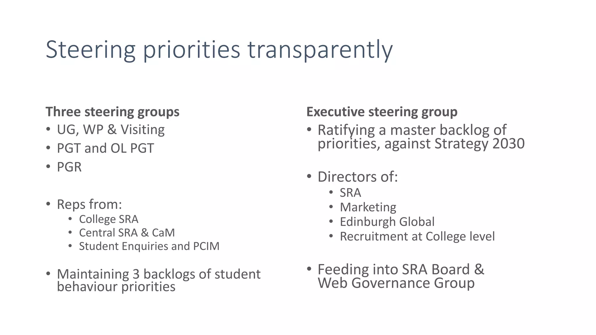 Steering priorities transparently
Three steering groups
• UG, WP & Visiting
• PGT and OL PGT
• PGR
• Reps from:
• College SRA
• Central SRA & CaM
• Student Enquiries and PCIM
• Maintaining 3 backlogs of student
behaviour priorities
Executive steering group
• Ratifying a master backlog of
priorities, against Strategy 2030
• Directors of:
• SRA
• Marketing
• Edinburgh Global
• Recruitment at College level
• Feeding into SRA Board &
Web Governance Group
 