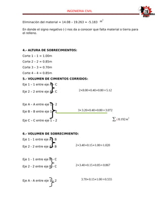 INGENIERIA CIVIL
Eliminación del material = 14.08 – 19.263 = -5.183 m
3
En donde el signo negativo (-) nos da a conocer que falta material o tierra para
el relleno.
4.- ALTURA DE SOBRECIMIENTOS:
Corte 1 – 1 = 1.00m
Corte 2 – 2 = 0.85m
Corte 3 – 3 = 0.70m
Corte 4 – 4 = 0.85m
5.- VOLUMEN DE CIMIENTOS CORRIDOS:
Eje 1 – 1 entre eje A – C
Eje 2 – 2 entre eje A – C 2∗8.00∗0.40∗0.80=5.12
Eje A – A entre eje 1 – 2
Eje B – B entre eje 1 – 2 3∗3.20∗0.40∗0.80=3.072
Eje C – C entre eje 1 – 2 ∑¿8.192m
3
6.- VOLUMEN DE SOBRECIMIENTO:
Eje 1 - 1 entre eje A – B
Eje 2 - 2 entre eje A – B 2∗3.40∗0.15∗1.00=1.020
Eje 1 - 1 entre eje B – C
Eje 2 - 2 entre eje B – C 2∗3.40∗0.15∗0.85=0.867
Eje A - A entre eje 1 – 2 3.70∗0.15∗1.00=0.555
 
