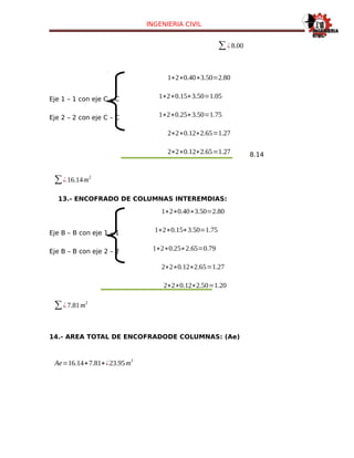 INGENIERIA CIVIL
∑¿8.00
1∗2∗0.40∗3.50=2.80
Eje 1 – 1 con eje C – C 1∗2∗0.15∗3.50=1.05
Eje 2 – 2 con eje C – C 1∗2∗0.25∗3.50=1.75
2∗2∗0.12∗2.65=1.27
2∗2∗0.12∗2.65=1.27 8.14
∑¿16.14m
2
13.- ENCOFRADO DE COLUMNAS INTEREMDIAS:
1∗2∗0.40∗3.50=2.80
Eje B – B con eje 1 – 1 1∗2∗0.15∗3.50=1.75
Eje B – B con eje 2 – 2 1∗2∗0.25∗2.65=0.79
2∗2∗0.12∗2.65=1.27
2∗2∗0.12∗2.50=1.20
∑¿7.81m
2
14.- AREA TOTAL DE ENCOFRADODE COLUMNAS: (Ae)
Ae=16.14+7.81+¿23.95m
2
 