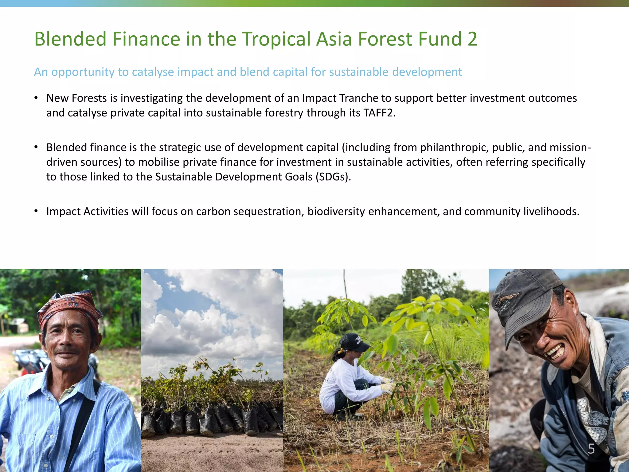 • New Forests is investigating the development of an Impact Tranche to support better investment outcomes
and catalyse private capital into sustainable forestry through its TAFF2.
• Blended finance is the strategic use of development capital (including from philanthropic, public, and mission-
driven sources) to mobilise private finance for investment in sustainable activities, often referring specifically
to those linked to the Sustainable Development Goals (SDGs).
• Impact Activities will focus on carbon sequestration, biodiversity enhancement, and community livelihoods.
An opportunity to catalyse impact and blend capital for sustainable development
Blended Finance in the Tropical Asia Forest Fund 2
5
 