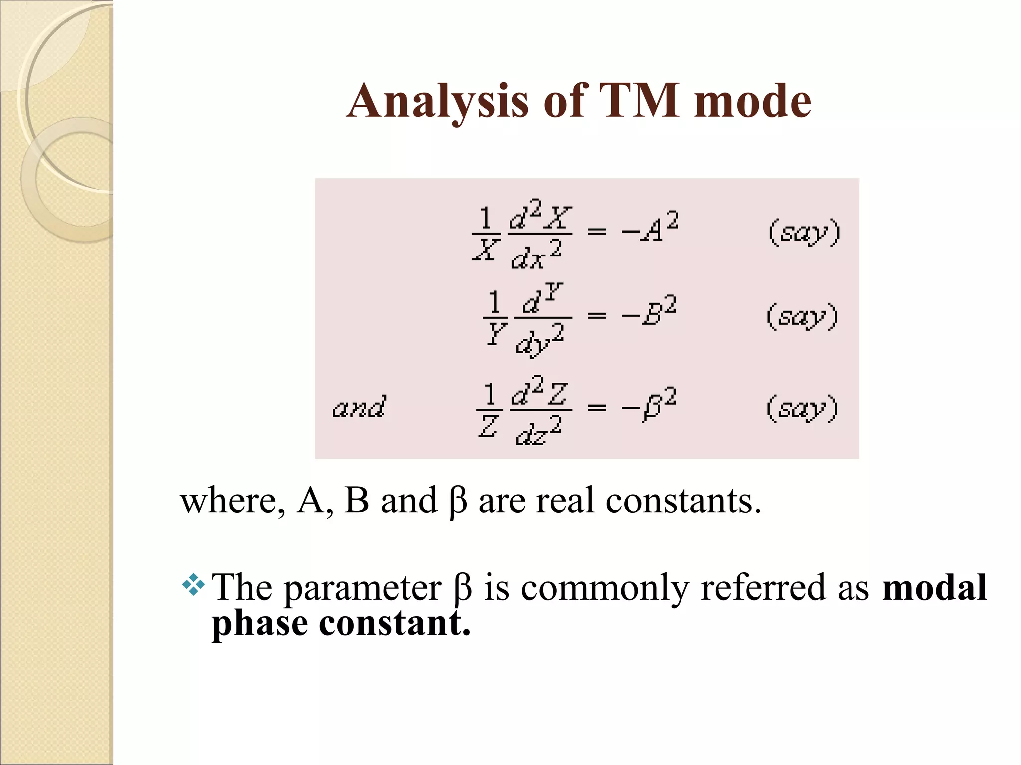 where, A, B and β are real constants.
The parameter β is commonly referred as modal
phase constant.
Analysis of TM mode
 