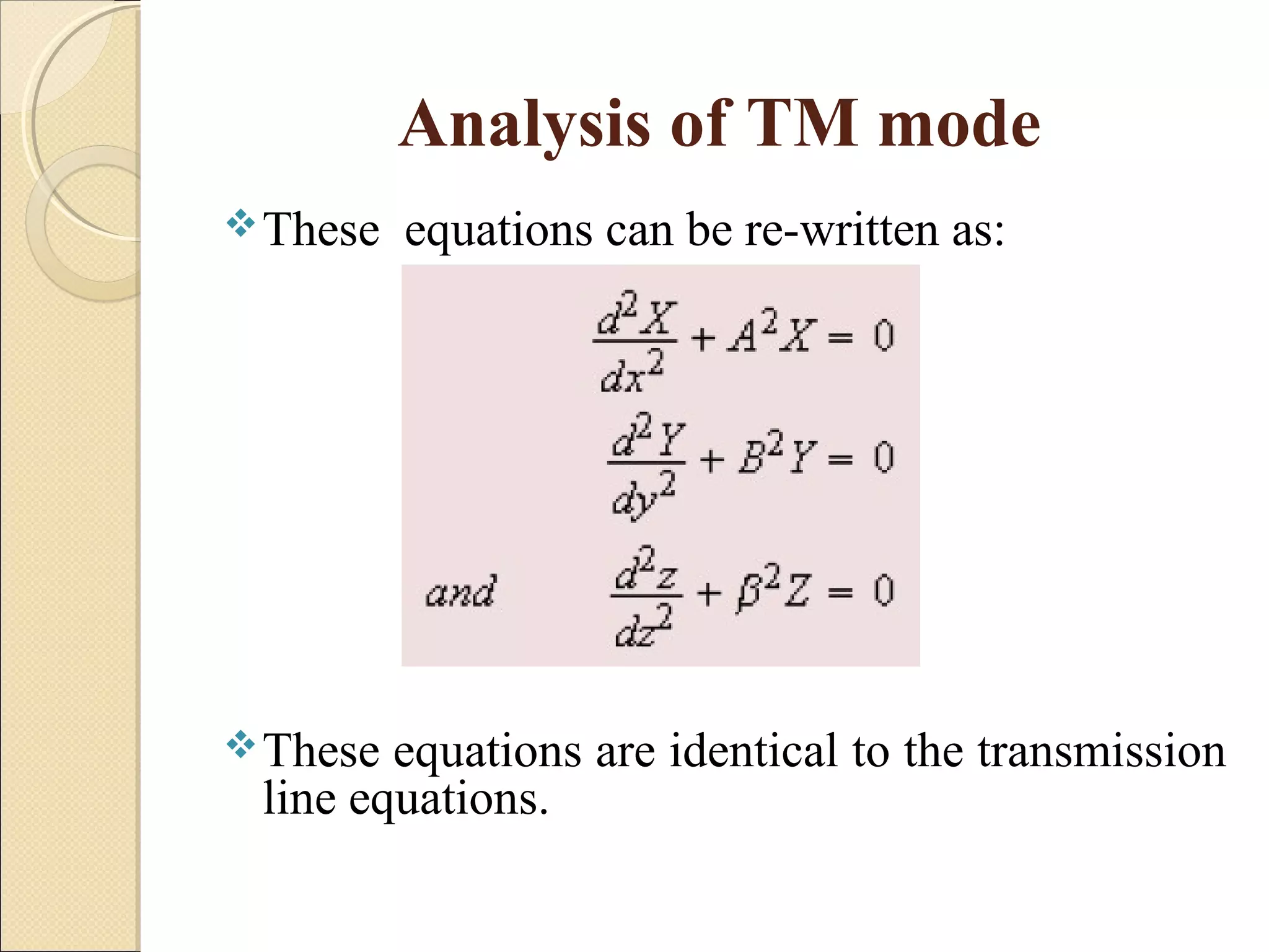 Analysis of TM mode
These equations can be re-written as:
These equations are identical to the transmission
line equations.
 