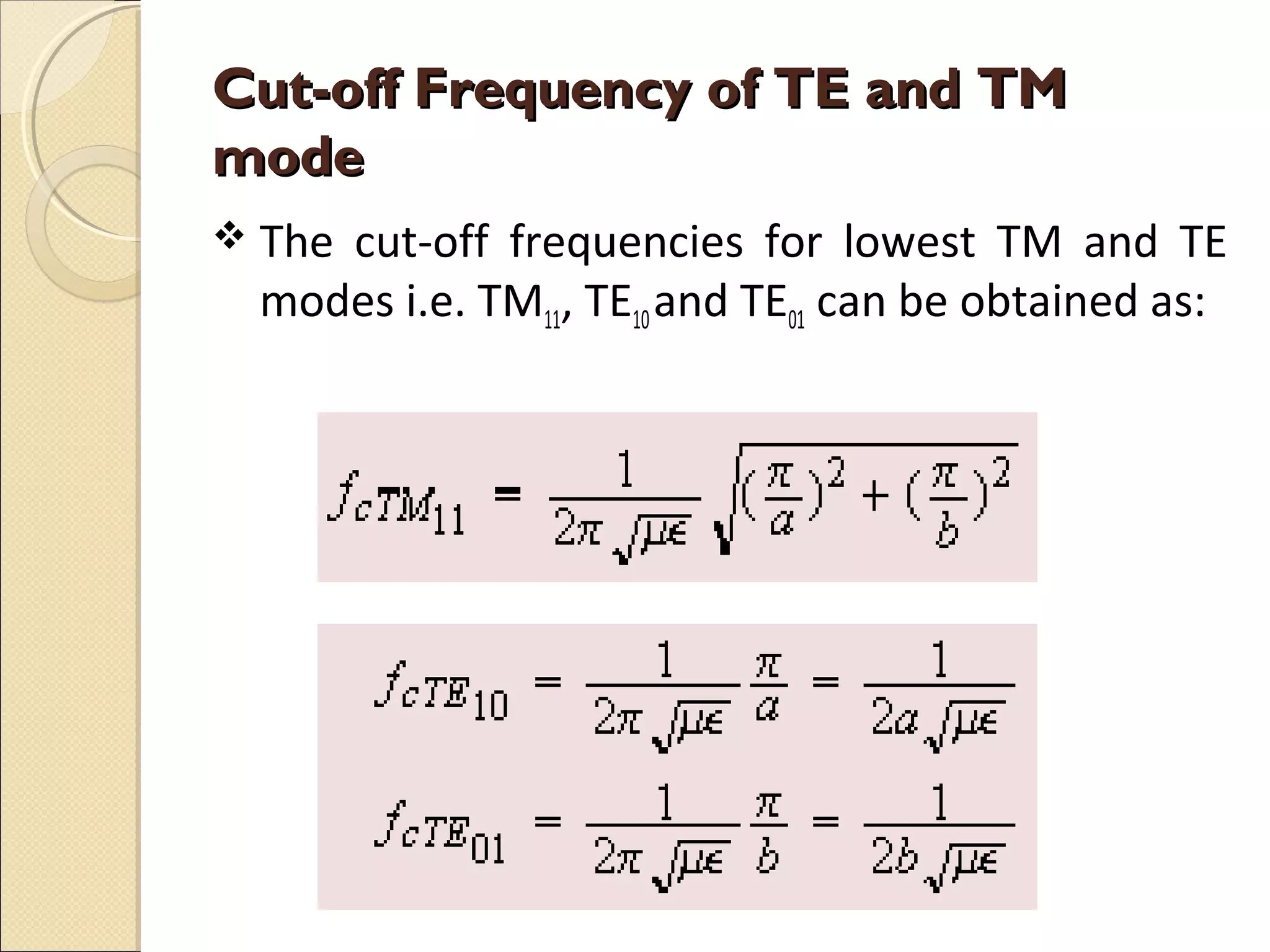 Cut-off Frequency of TE and TMCut-off Frequency of TE and TM
modemode
 The cut-off frequencies for lowest TM and TE
modes i.e. TM11, TE10and TE01 can be obtained as:
 