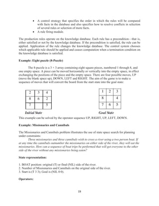 19
 A control strategy that specifies the order in which the rules will be compared
with facts in the database and also specifies how to resolve conflicts in selection
of several rules or selection of more facts.
 A rule firing module.
The production rules operate on the knowledge database. Each rule has a precondition—that is,
either satisfied or not by the knowledge database. If the precondition is satisfied, the rule can be
applied. Application of the rule changes the knowledge database. The control system chooses
which applicable rule should be applied and ceases computation when a termination condition on
the knowledge database is satisfied.
Example: Eight puzzle (8-Puzzle)
The 8-puzzle is a 3 × 3 array containing eight square pieces, numbered 1 through 8, and
one empty space. A piece can be moved horizontally or vertically into the empty space, in effect
exchanging the positions of the piece and the empty space. There are four possible moves, UP
(move the blank space up), DOWN, LEFT and RIGHT. The aim of the game is to make a
sequence of moves that will convert the board from the start state into the goal state:
This example can be solved by the operator sequence UP, RIGHT, UP, LEFT, DOWN.
Example: Missionaries and Cannibals
The Missionaries and Cannibals problem illustrates the use of state space search for planning
under constraints:
Three missionaries and three cannibals wish to cross a river using a two person boat. If
at any time the cannibals outnumber the missionaries on either side of the river, they will eat the
missionaries. How can a sequence of boat trips be performed that will get everyone to the other
side of the river without any missionaries being eaten?
State representation:
1. BOAT position: original (T) or final (NIL) side of the river.
2. Number of Missionaries and Cannibals on the original side of the river.
3. Start is (T 3 3); Goal is (NIL 0 0).
Operators:
 