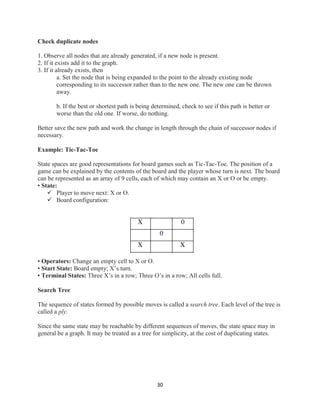 30
Check duplicate nodes
1. Observe all nodes that are already generated, if a new node is present.
2. If it exists add it to the graph.
3. If it already exists, then
a. Set the node that is being expanded to the point to the already existing node
corresponding to its successor rather than to the new one. The new one can be thrown
away.
b. If the best or shortest path is being determined, check to see if this path is better or
worse than the old one. If worse, do nothing.
Better save the new path and work the change in length through the chain of successor nodes if
necessary.
Example: Tic-Tac-Toe
State spaces are good representations for board games such as Tic-Tac-Toe. The position of a
game can be explained by the contents of the board and the player whose turn is next. The board
can be represented as an array of 9 cells, each of which may contain an X or O or be empty.
• State:
 Player to move next: X or O.
 Board configuration:
• Operators: Change an empty cell to X or O.
• Start State: Board empty; X’s turn.
• Terminal States: Three X’s in a row; Three O’s in a row; All cells full.
Search Tree
The sequence of states formed by possible moves is called a search tree. Each level of the tree is
called a ply.
Since the same state may be reachable by different sequences of moves, the state space may in
general be a graph. It may be treated as a tree for simplicity, at the cost of duplicating states.
 